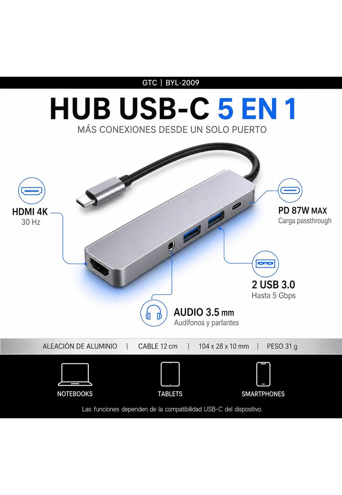 Adaptador Hub Usb-C Multipuertos 5 En 1 (Hdmi, Jack, Usb, Usb C)-6