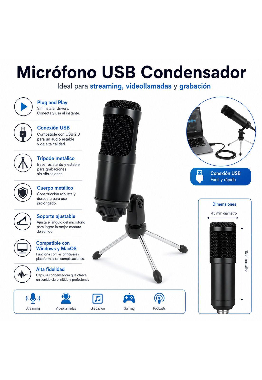 Micrófono Streaming USB Condensador de Estudio C/ Trípode-7