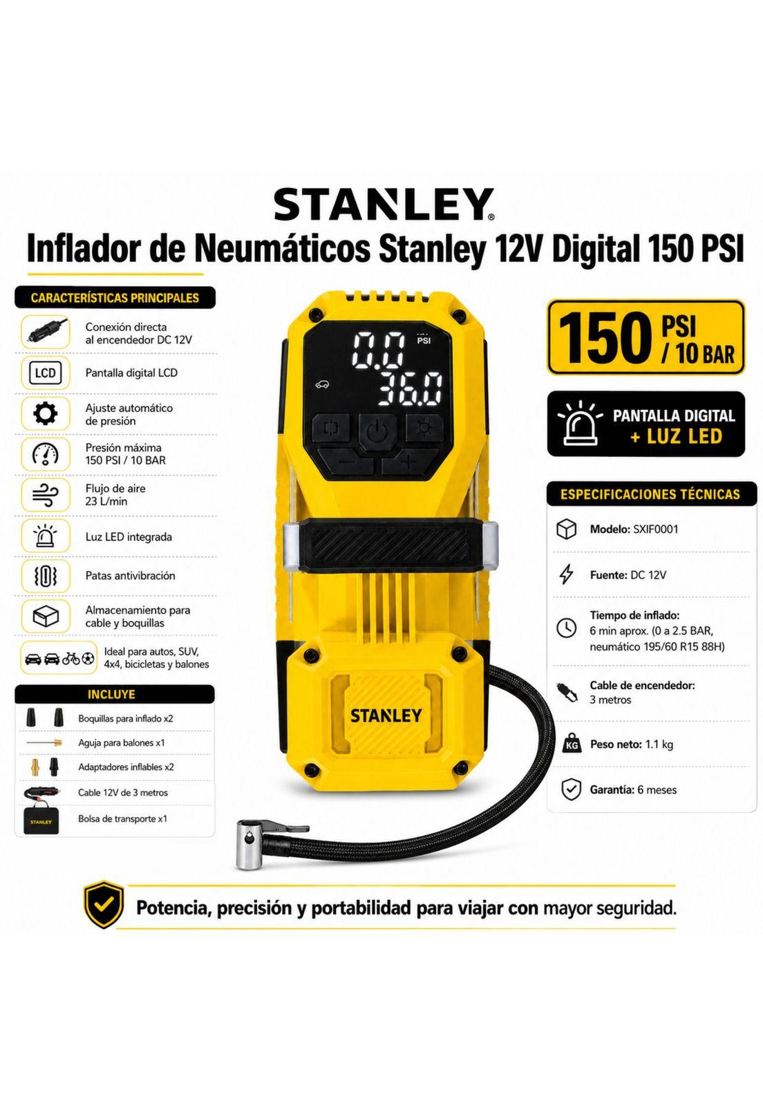 Inflador de Neumáticos Stanley 12V Autos-4x4-Camiones 145 PSI Max-4