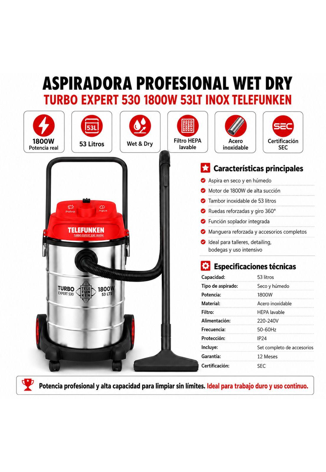 Aspiradora Profesional WET / DRY Turbo Expert 530 1800W 53LT Inox-5