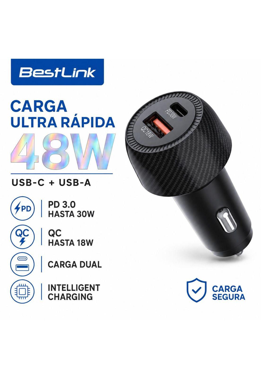Cargador para Auto Dual 48W USB-C + USB-A Carga Ultra Rápida-3