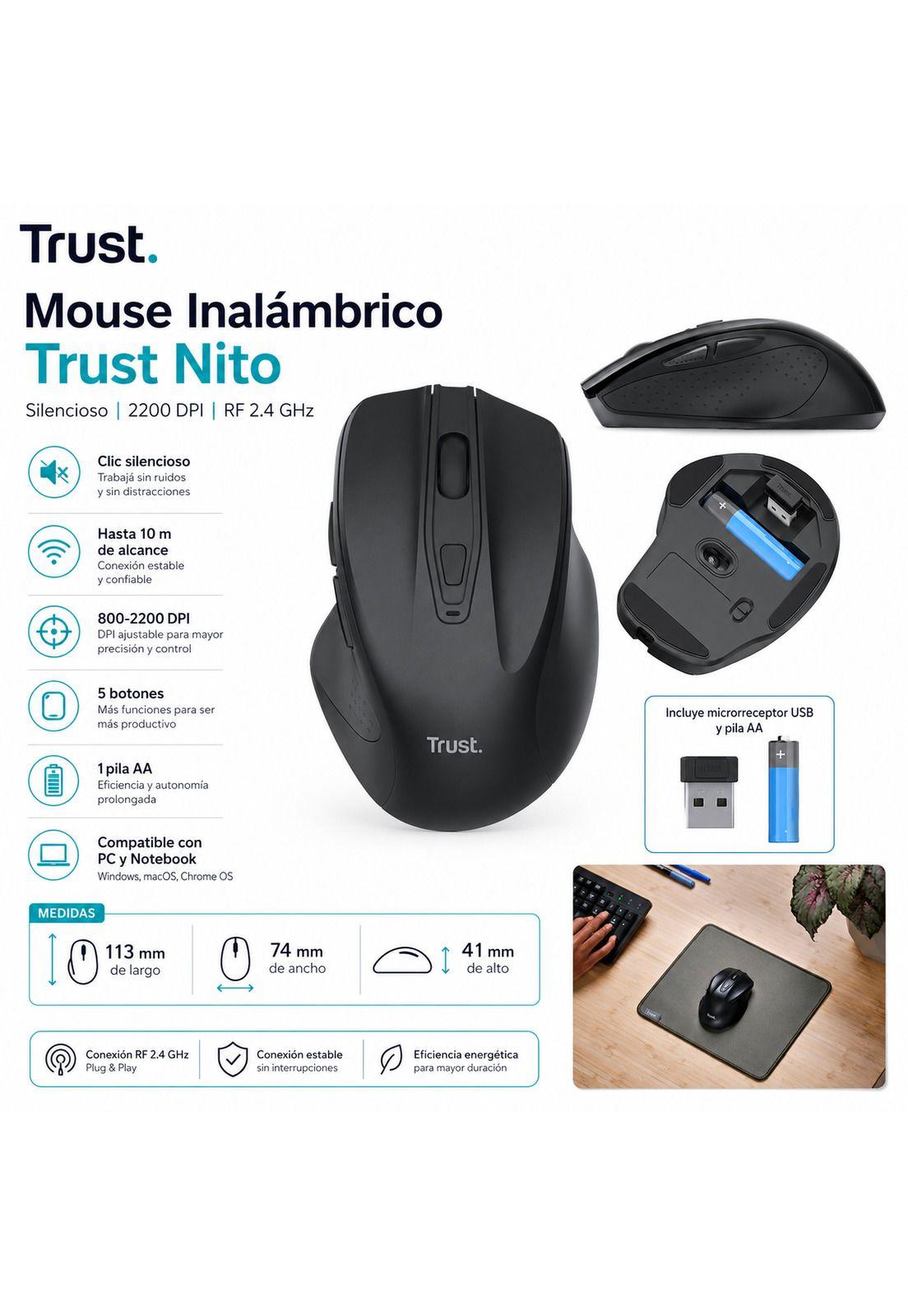 Mouse Inalámbrico Trust Nito Enterprise Silencioso 2200 DPI-6