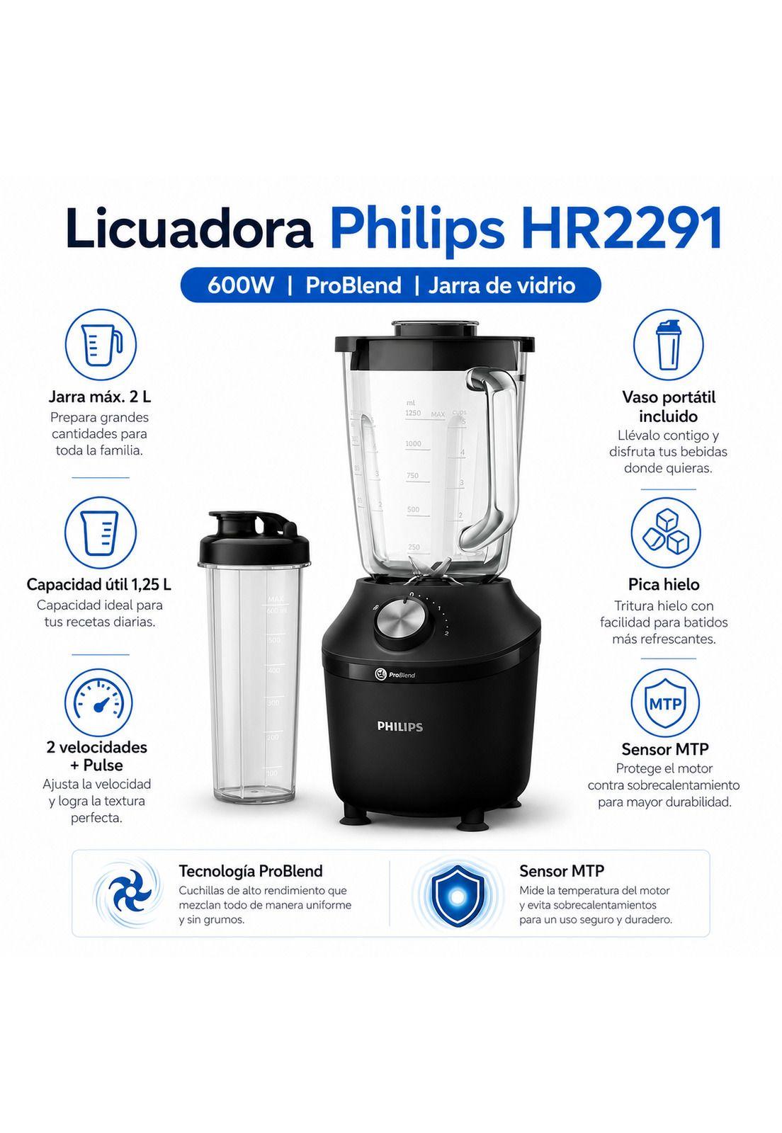 Licuadora Philips 600W con Jarra de Vidrio Problend HR2291-6