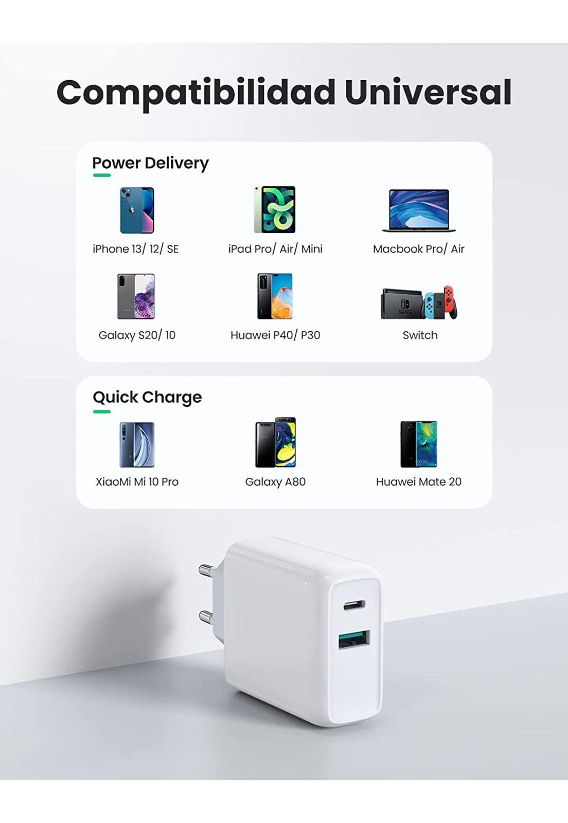 Cargador Pared USB C Ultra Rápido 36W Power Delivery + USB-2