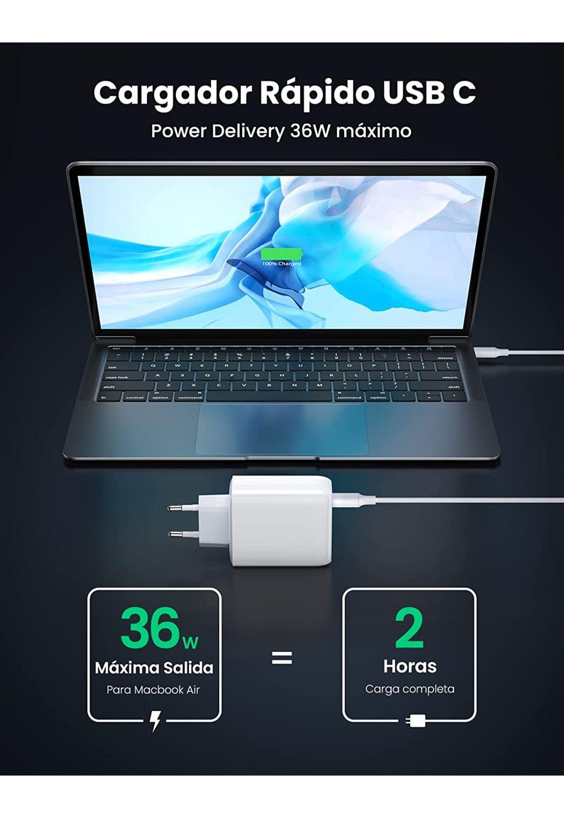 Cargador Pared USB C Ultra Rápido 36W Power Delivery + USB-3