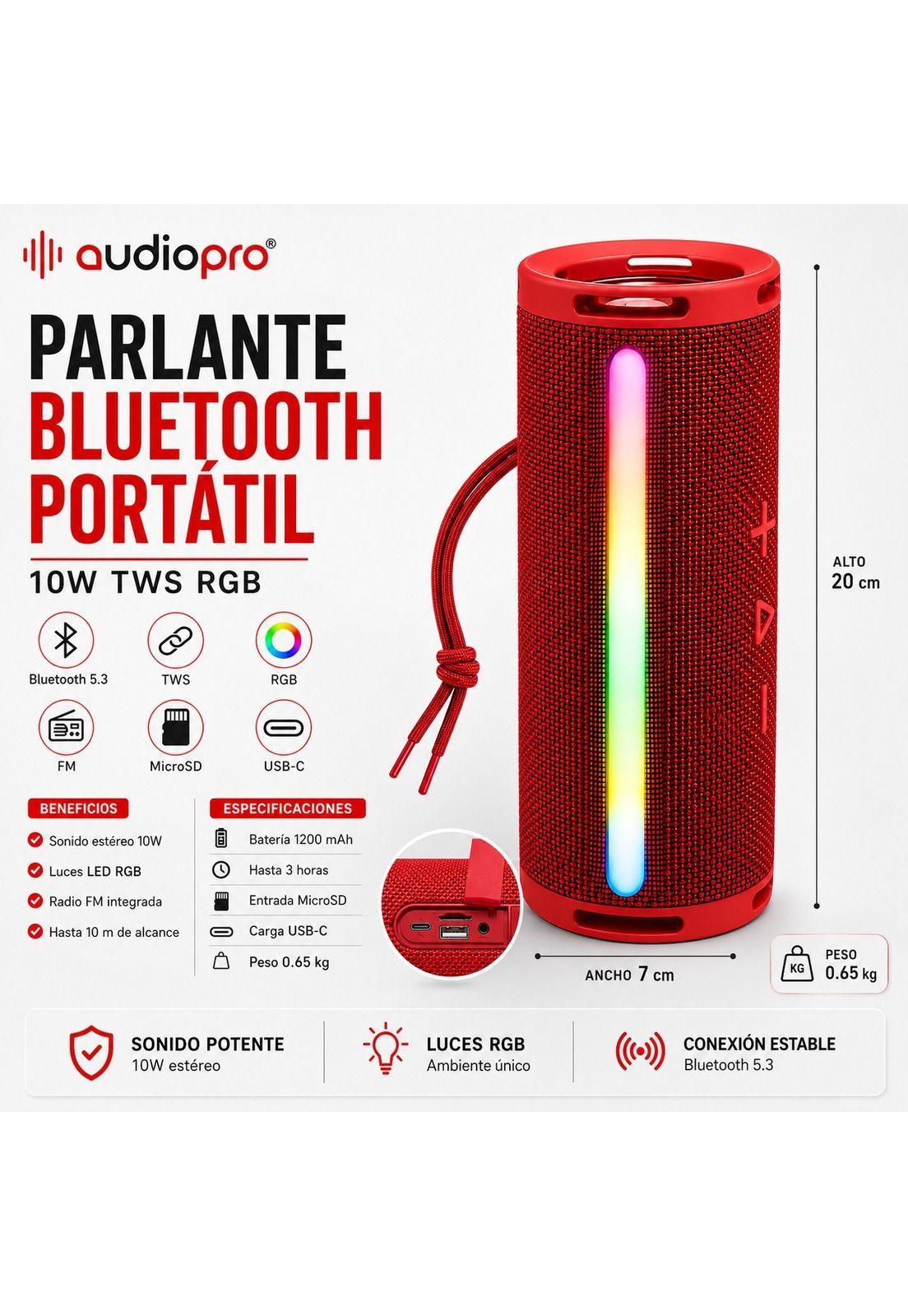 Parlante Portátil Bluetooth TWS Iluminación RGB  10W Rojo 12Hrs-7