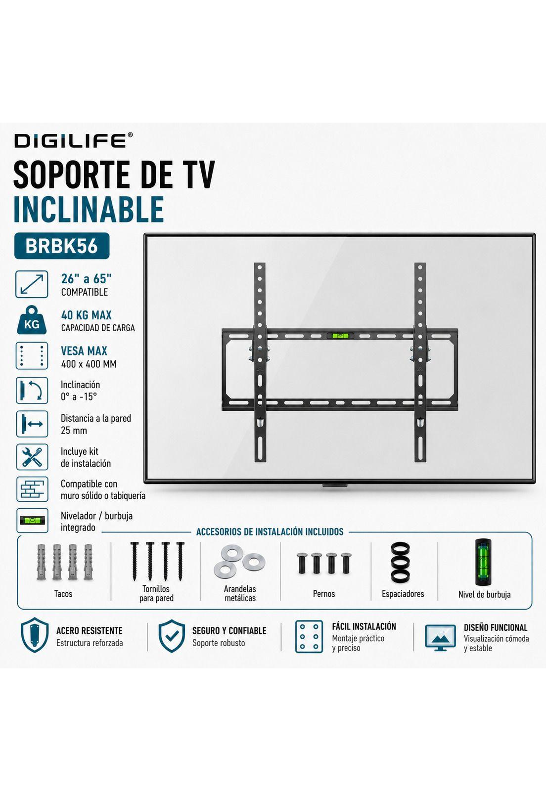 Soporte de TV Fijo de 26" A 65" 50KG Max Acero Forjado BK56-6