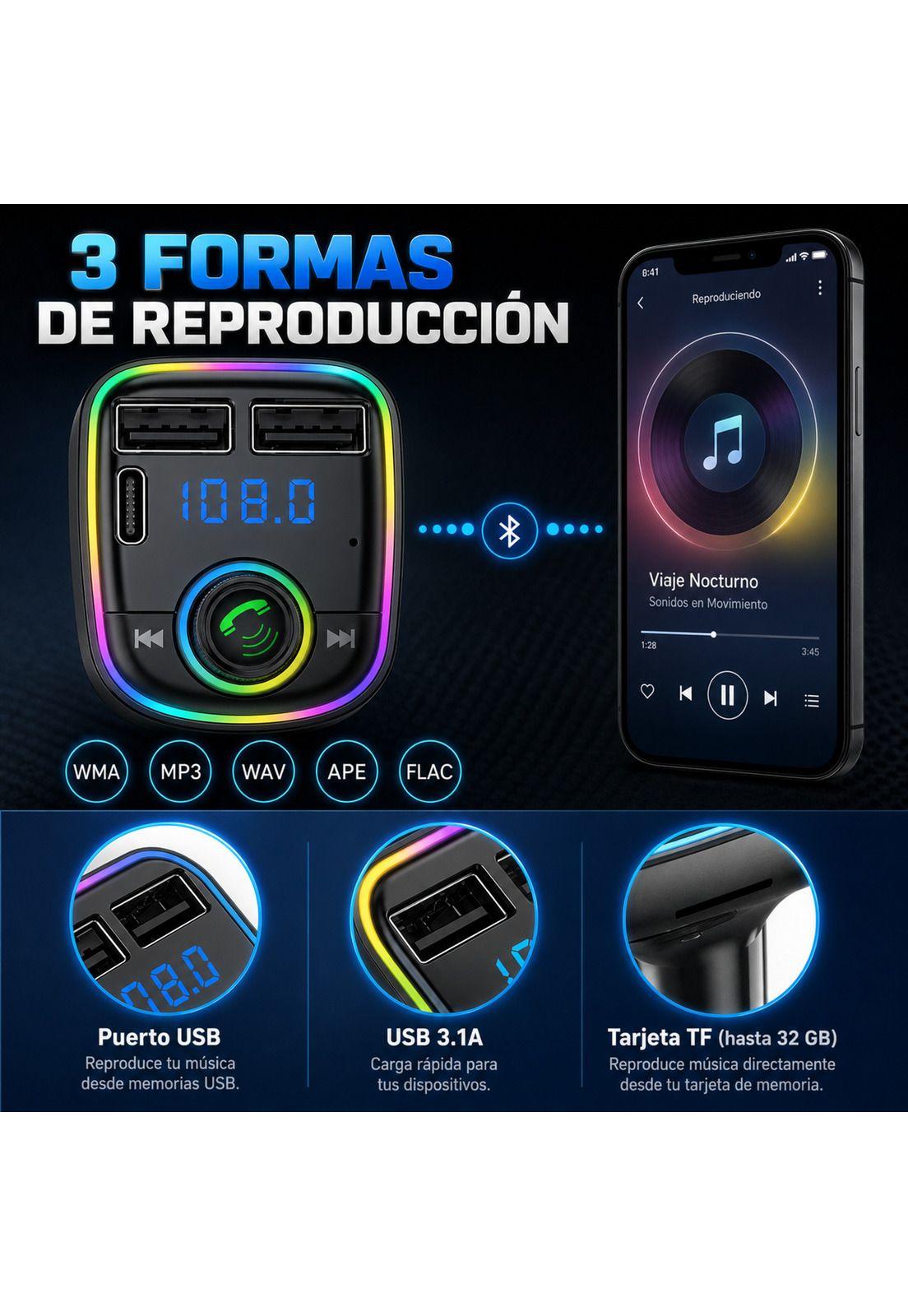 Transmisor FM Bluetooth + Puerto Quick Charge 20W 12/24V RGB-2
