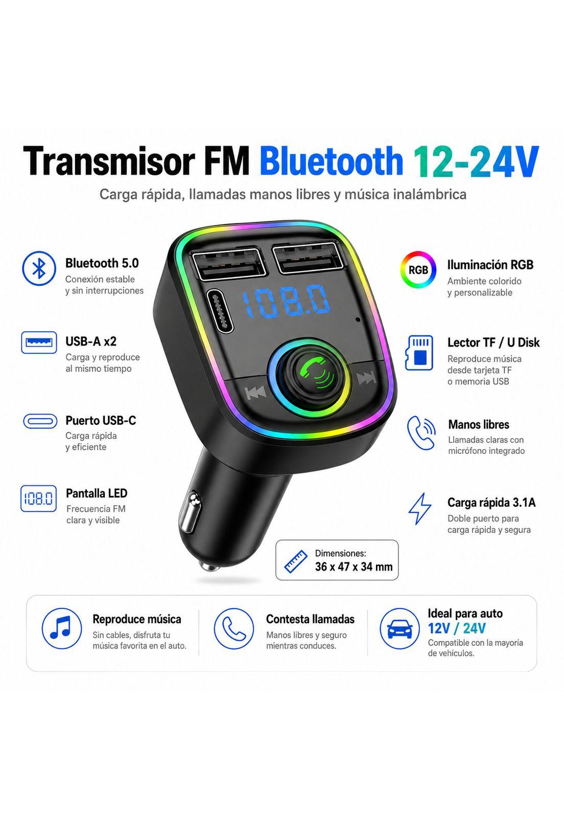 Transmisor FM Bluetooth + Puerto Quick Charge 20W 12/24V RGB-3