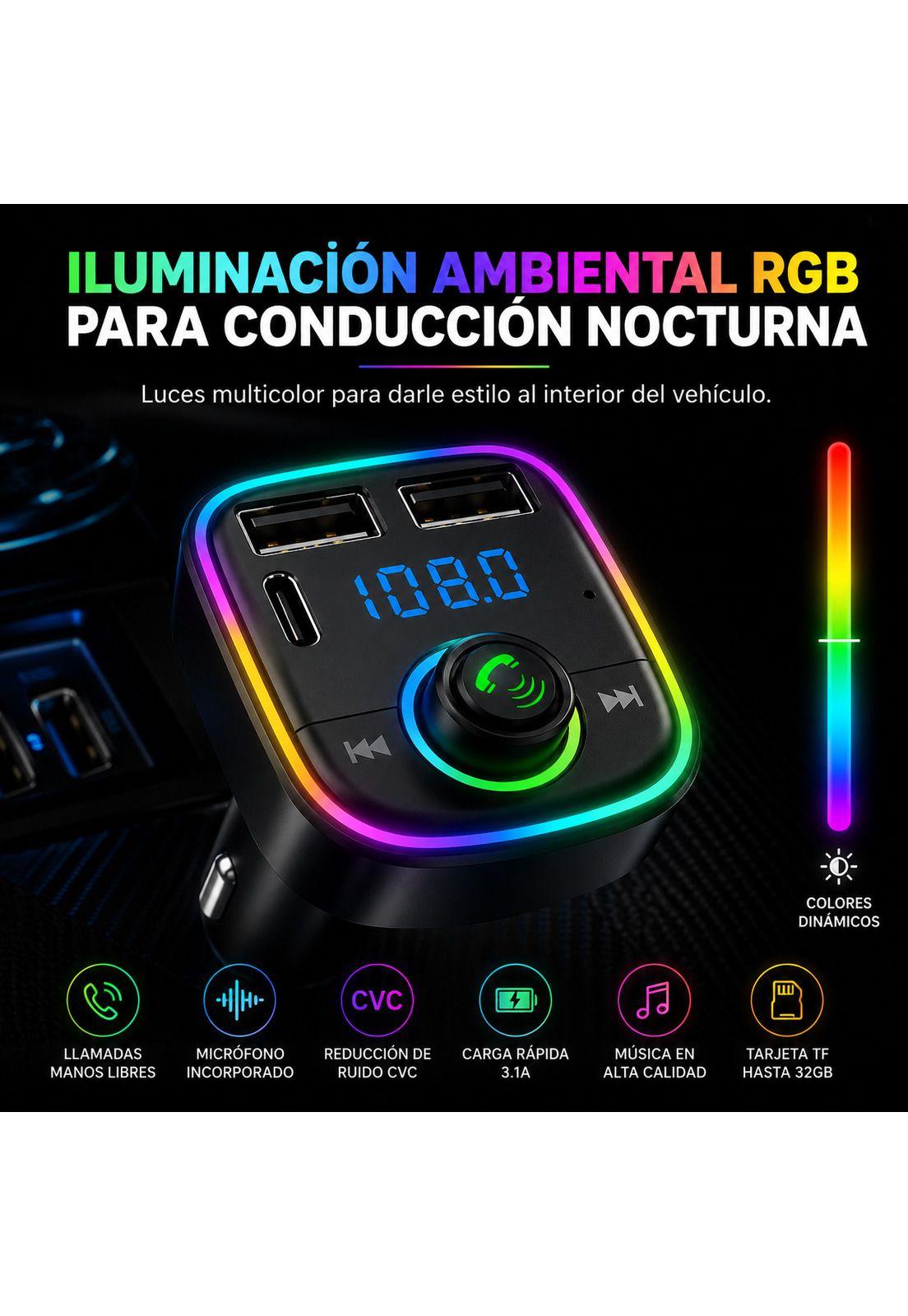 Transmisor FM Bluetooth + Puerto Quick Charge 20W 12/24V RGB-8