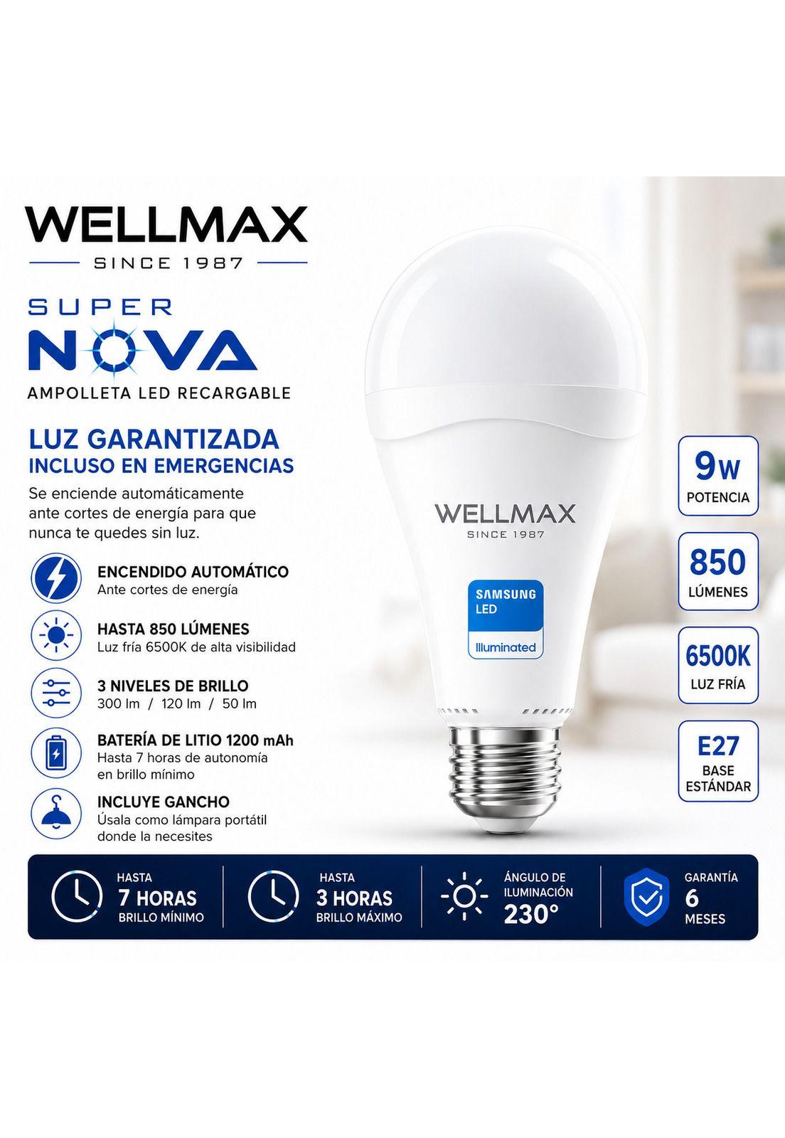 Ampolleta LED Recargable de Emergencia Wellmax Super Nova 9W-7