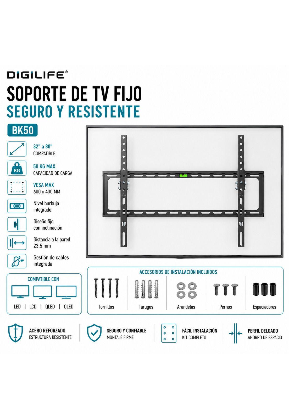 Soporte de TV Fijo de 32" A 80" 50 KG Max Acero Forjado BK50-6