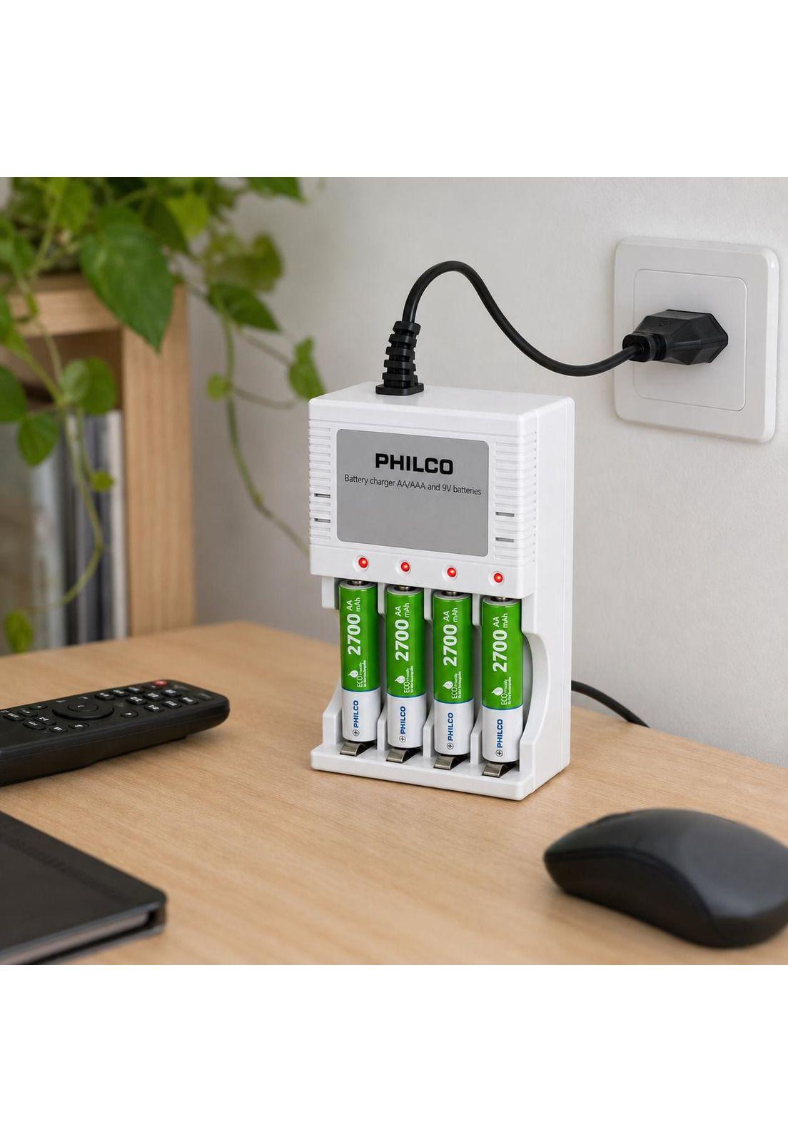 Cargador De Pilas + 4 Pilas AA 2700 mAh Pre Cargadas Philco-4