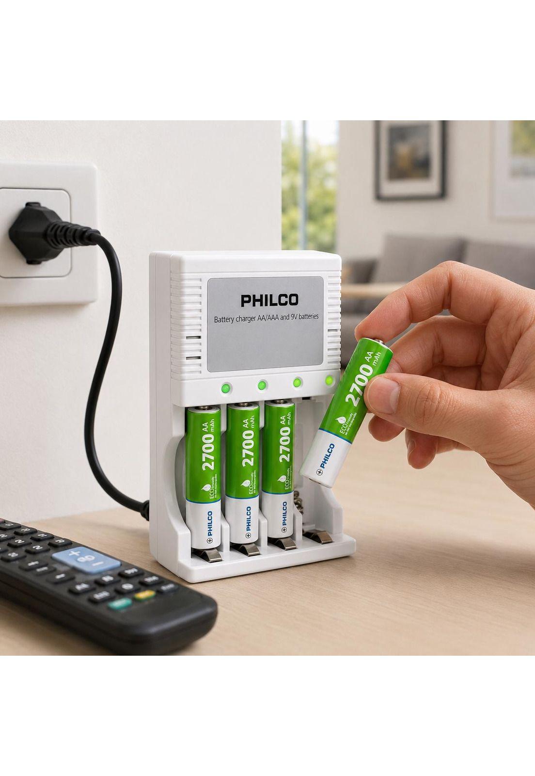 Cargador De Pilas + 4 Pilas AA 2700 mAh Pre Cargadas Philco-5
