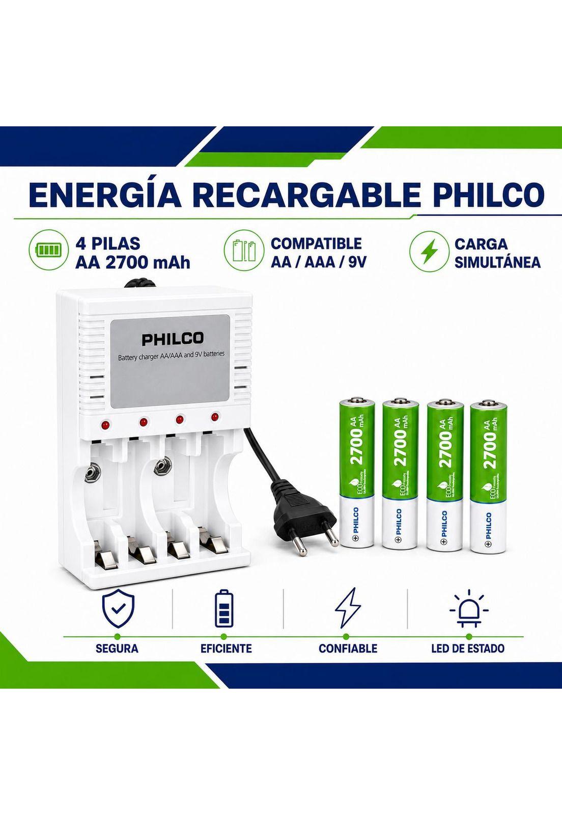 Cargador De Pilas + 4 Pilas AA 2700 mAh Pre Cargadas Philco-6