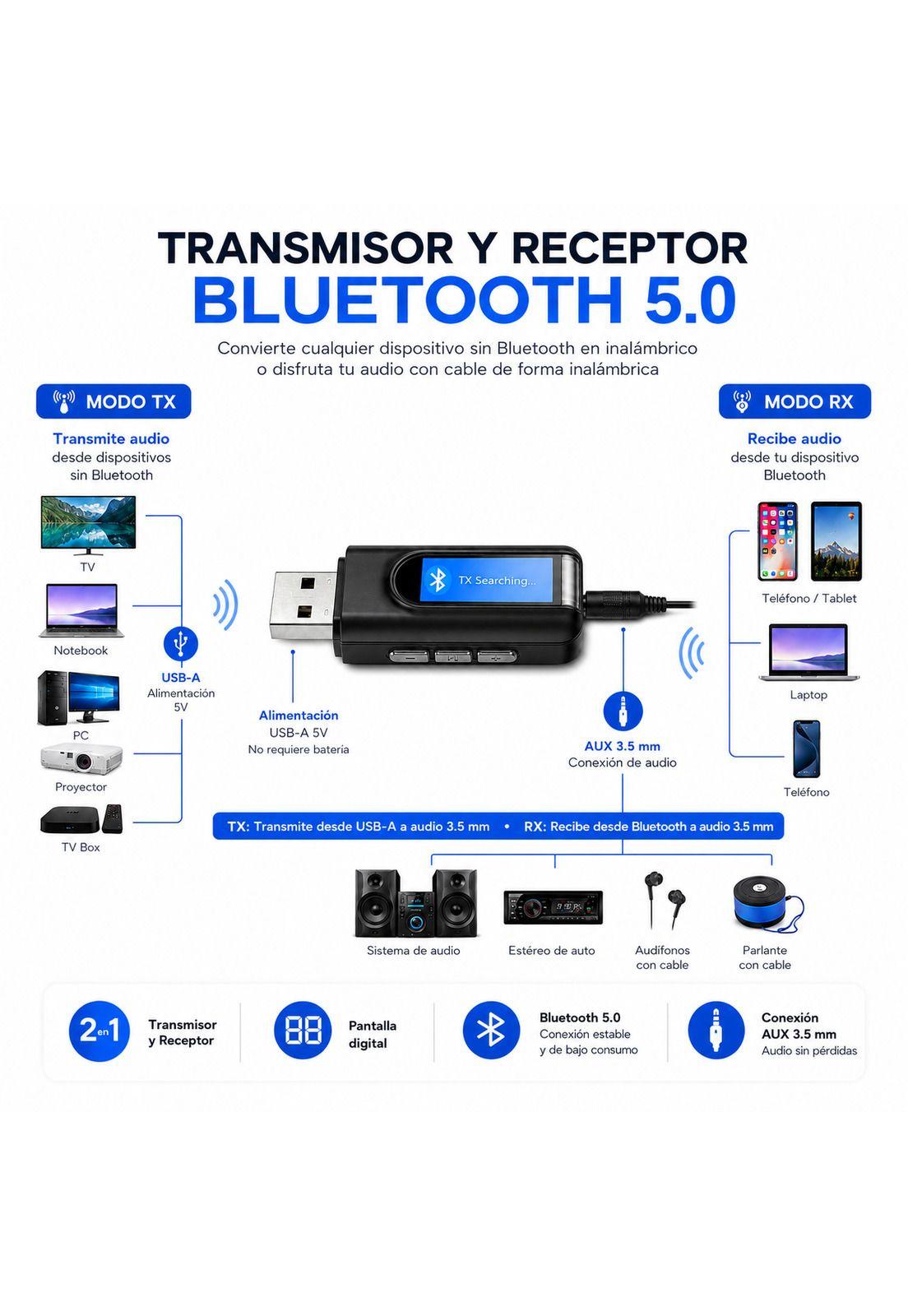 Transmisor y Receptor Bluetooth de Audio y Datos RX - TX  BT 5.0 Pantalla LCD-3