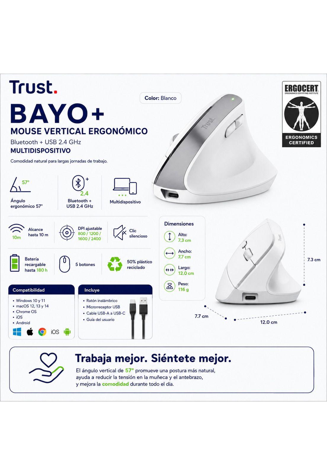Mouse Vertical Inalámbrico Dual Ergonómico Trust Bayo+ White-6