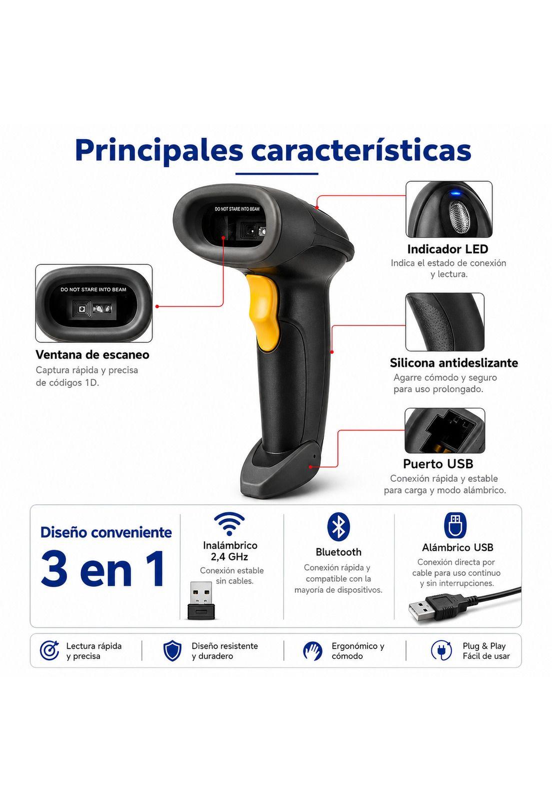 Lector de Códigos  de Barra Inalámbrico Dual 2.4G + Bluetooth CCD BSCBT8-8