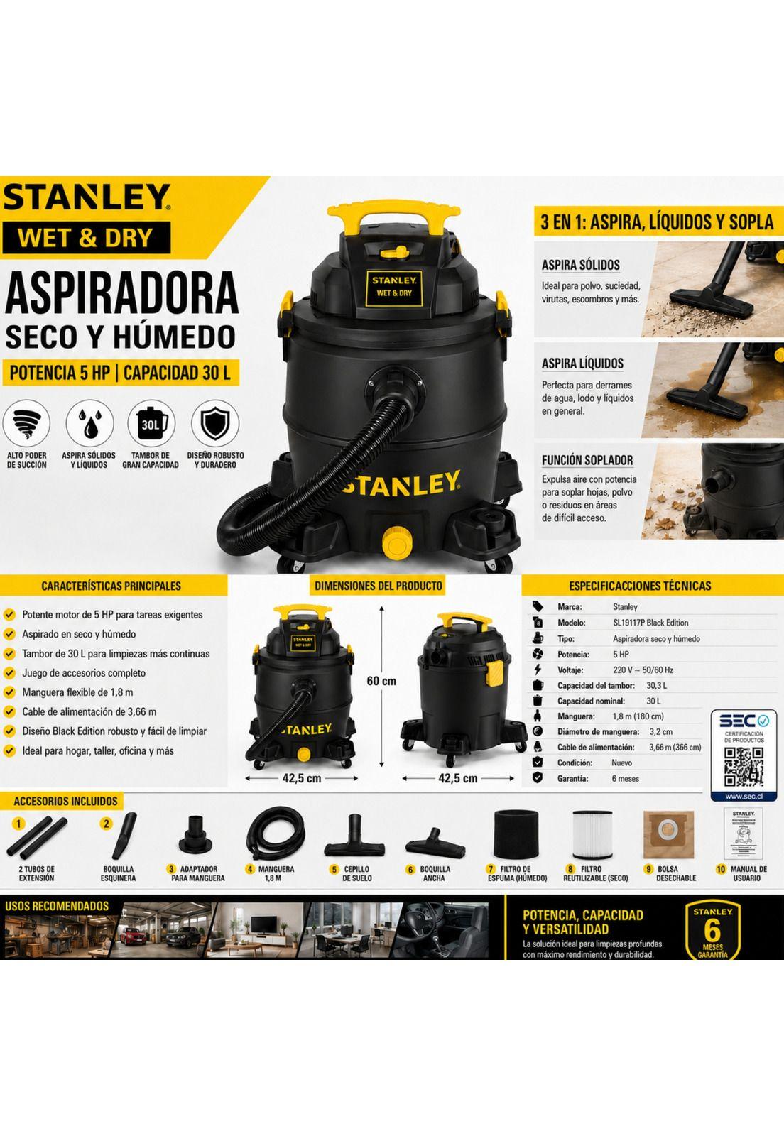 Aspiradora Stanley 5HP Función Seco & Húmedo 30L 19117 Black-5