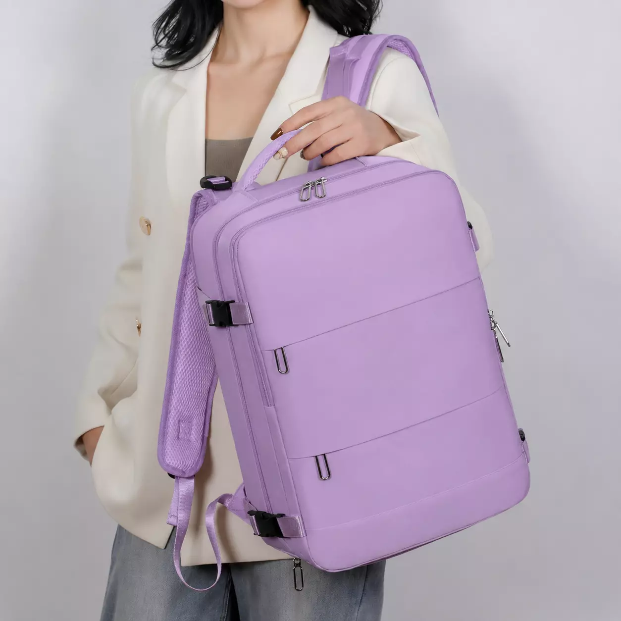 Mochila De Viaje Laptop Compartimento Zapatos Impermeable Morado-2