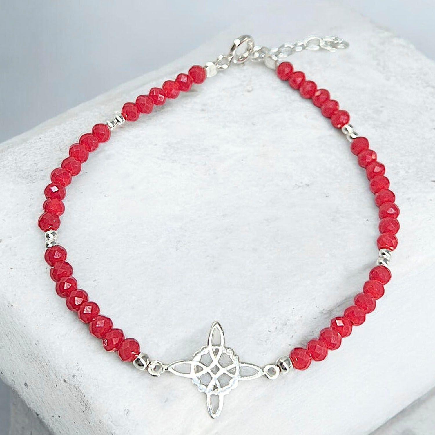 Pulsera Roja Nudo de brujas de plata con cristales-2