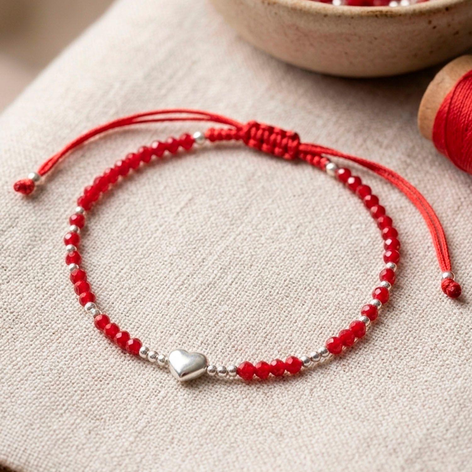 Pulsera Coraz n de plata con cristales Rojos e hilo ajustable-2