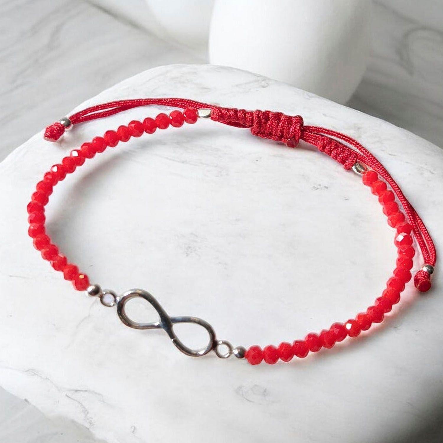 Pulsera Infinito de plata con cristales Rojos e hilo ajustable-0