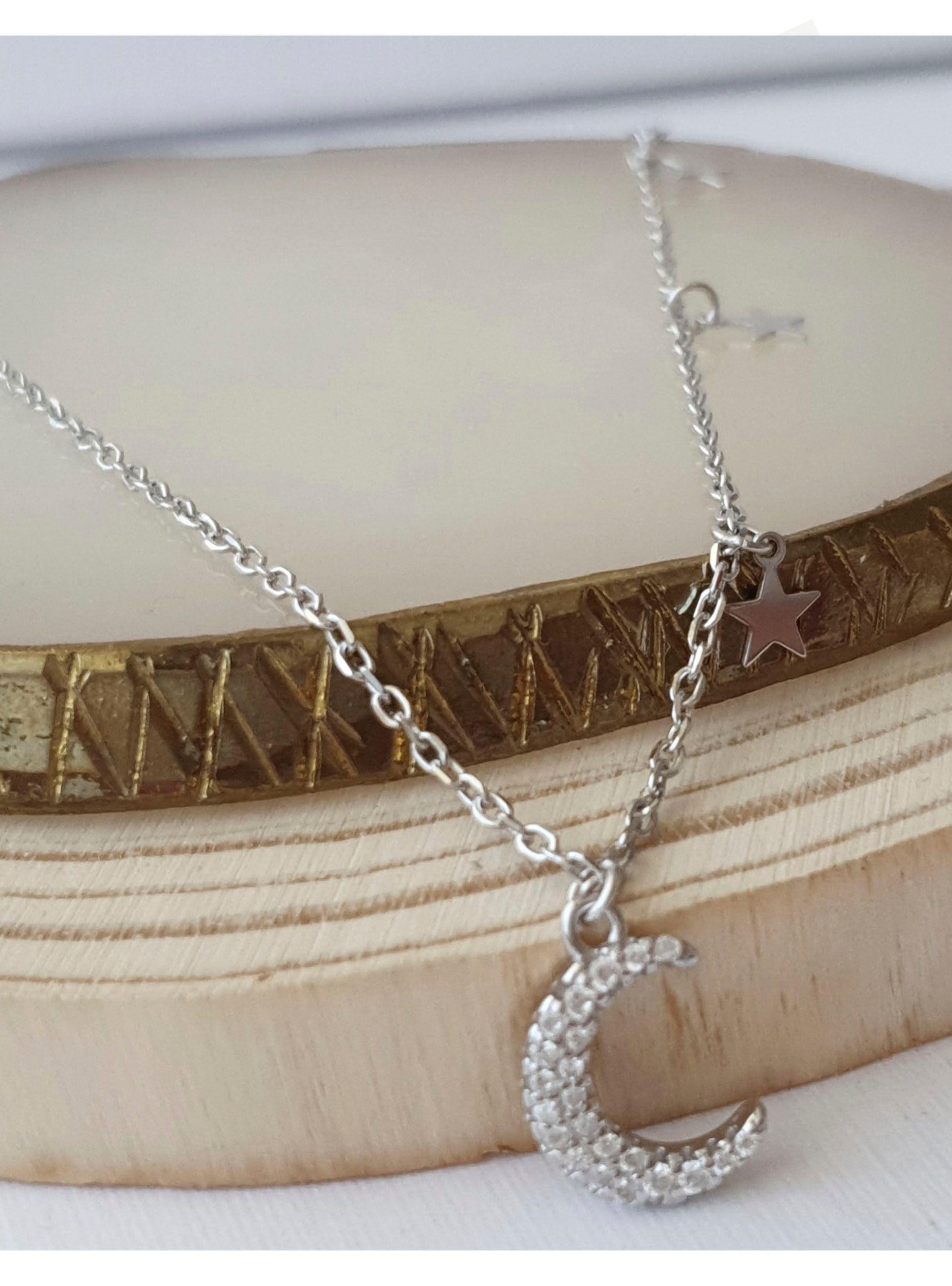 Collar Luna con 3 estrellas colgantes plata 925-3