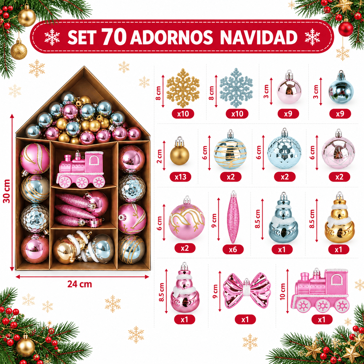 Set de 70 Adornos Esferas Navidad Tren Rosa-1