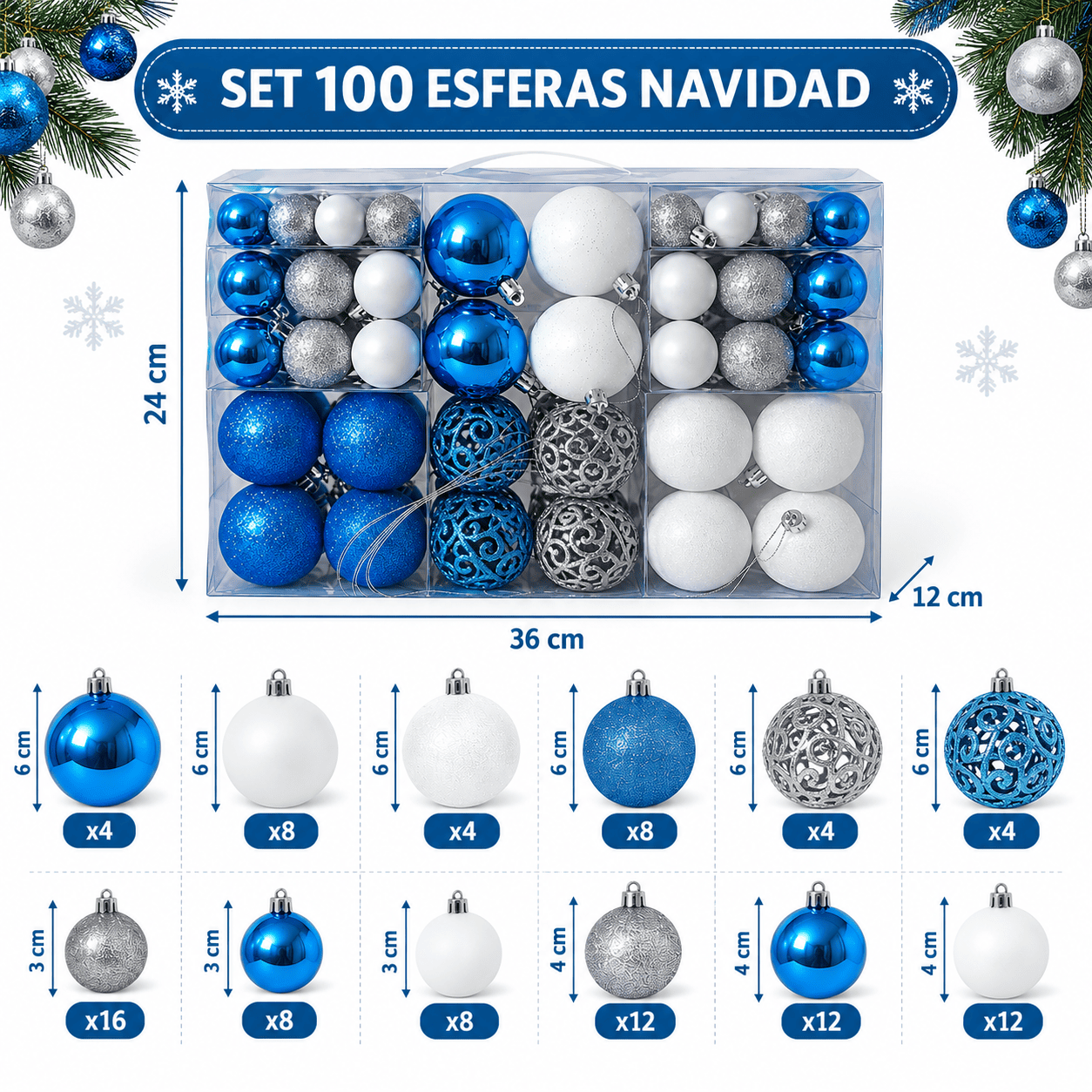Set de 100 Esferas Navidad Mixto Azul-1