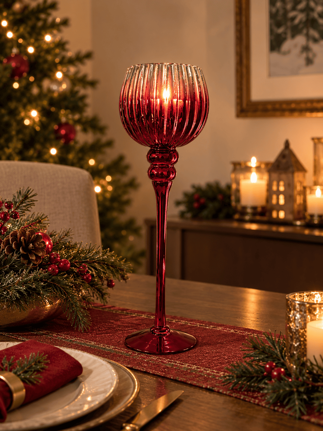 Candelabro Navidad Vidrio Rojo 40 CM-1