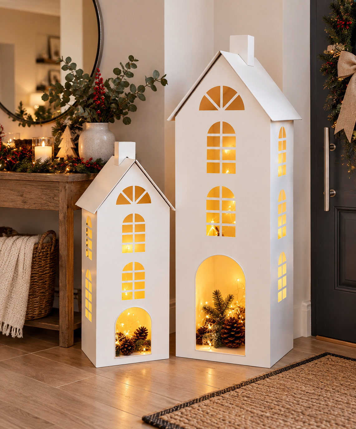 Set 2 Casas Decorativas Navidad Metal Blanco 70 y 100 CM-3