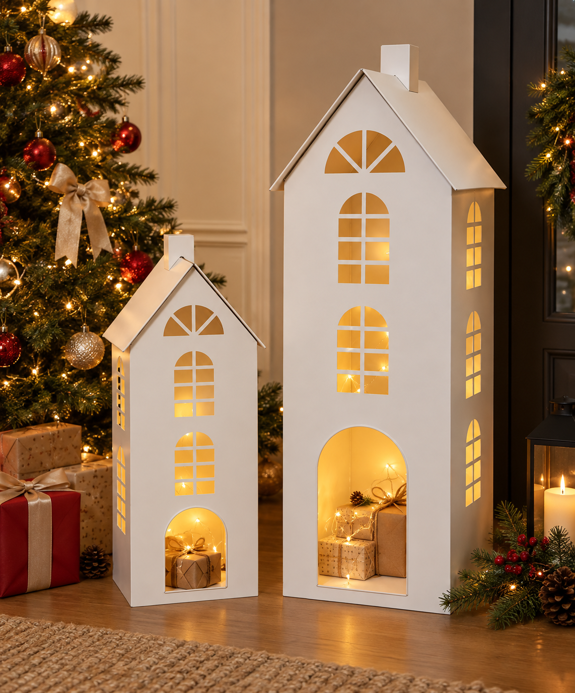 Set 2 Casas Decorativas Navidad Metal Blanco 70 y 100 CM-4