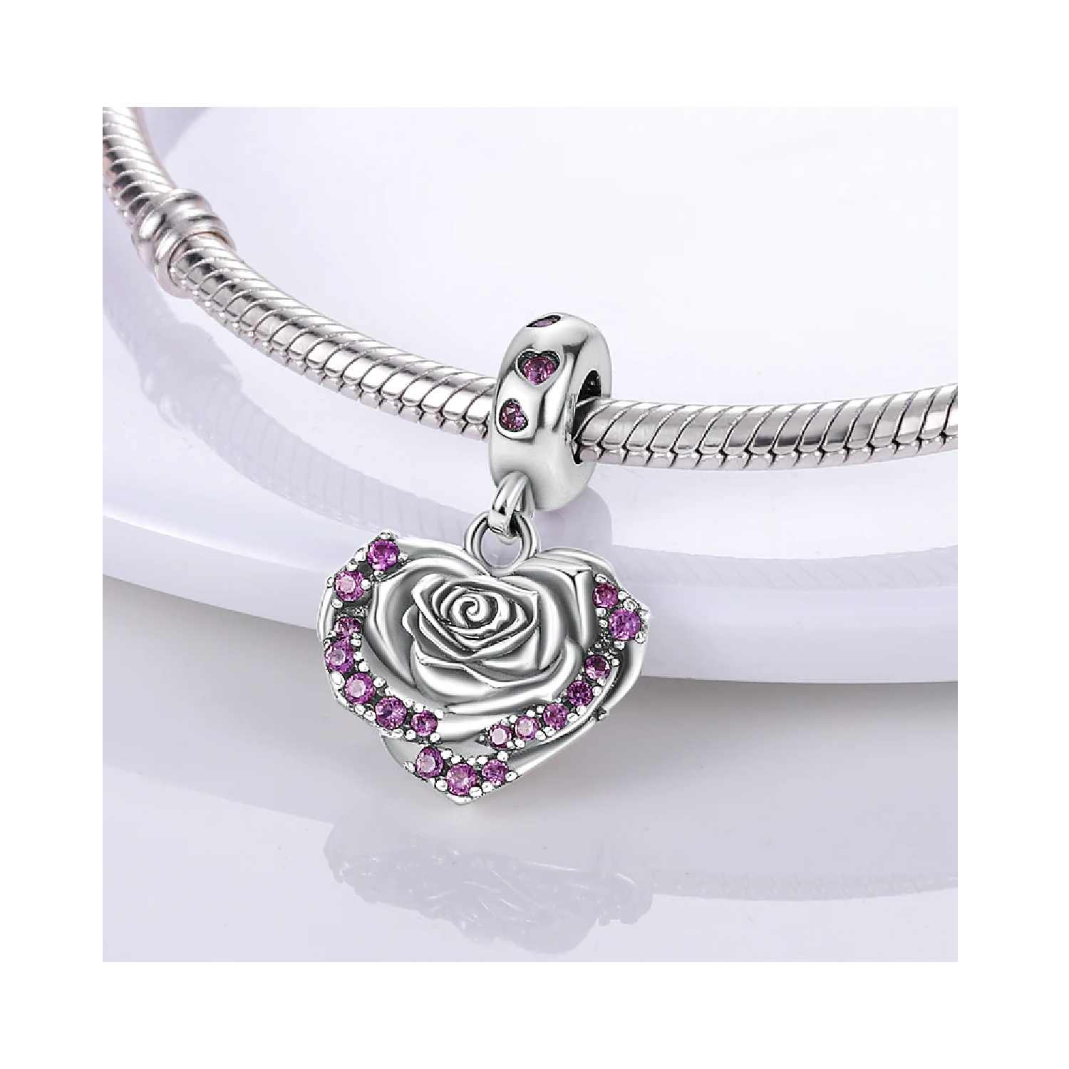 Charm Corazón De Rosa Y Circones En Plata 925 Silver Heart-2