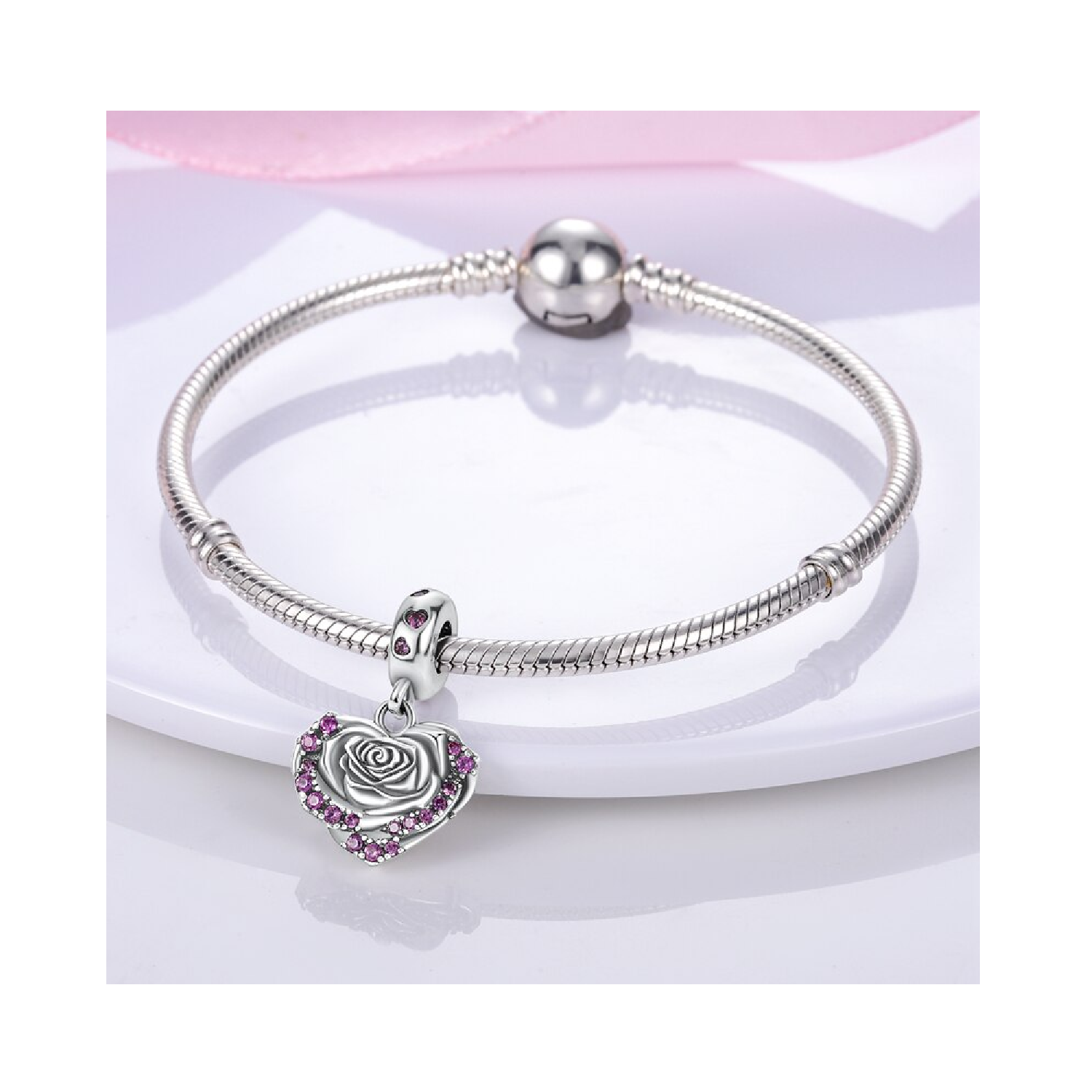 Charm Corazón De Rosa Y Circones En Plata 925 Silver Heart-3