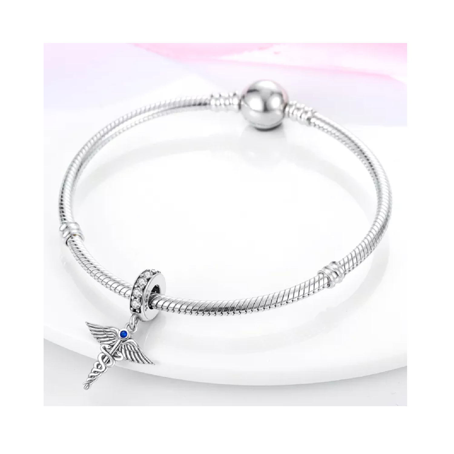 Charm Vara De Esculapio Medicina En Plata 925 Silver Heart-2