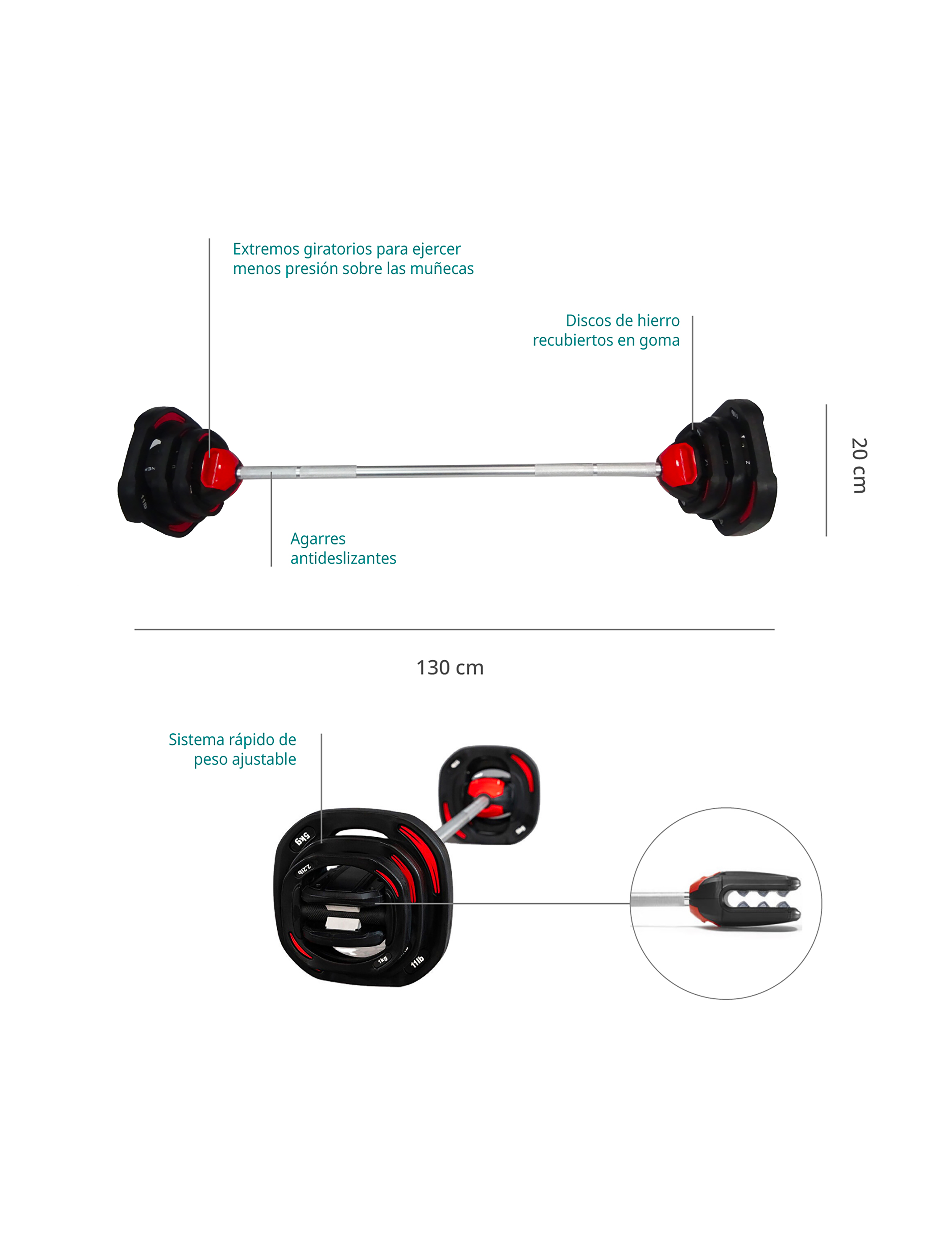 Barra con Sistema Rápido de Peso Ajustable y Discos 20 Kg-2