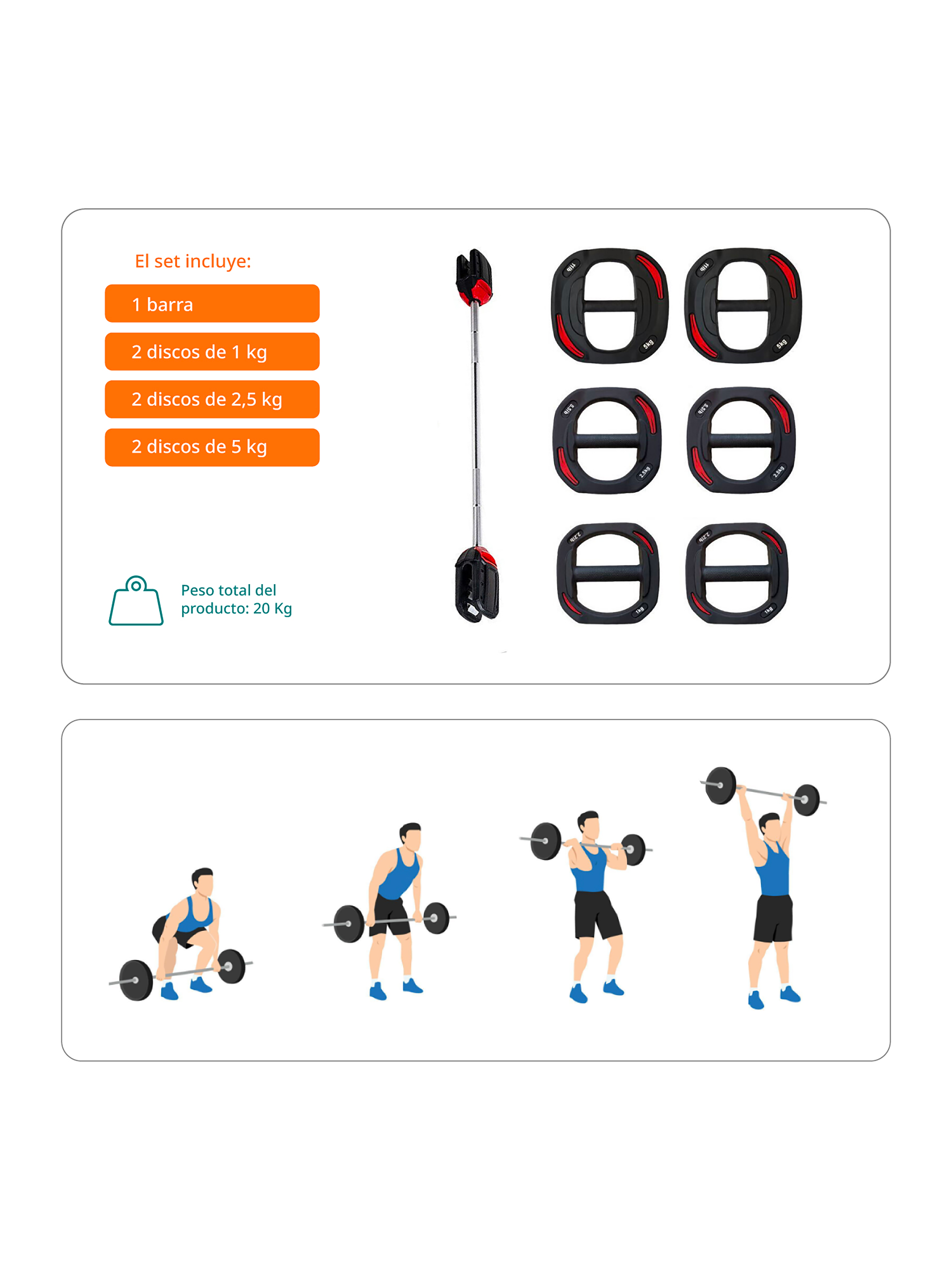 Barra con Sistema Rápido de Peso Ajustable y Discos 20 Kg-3