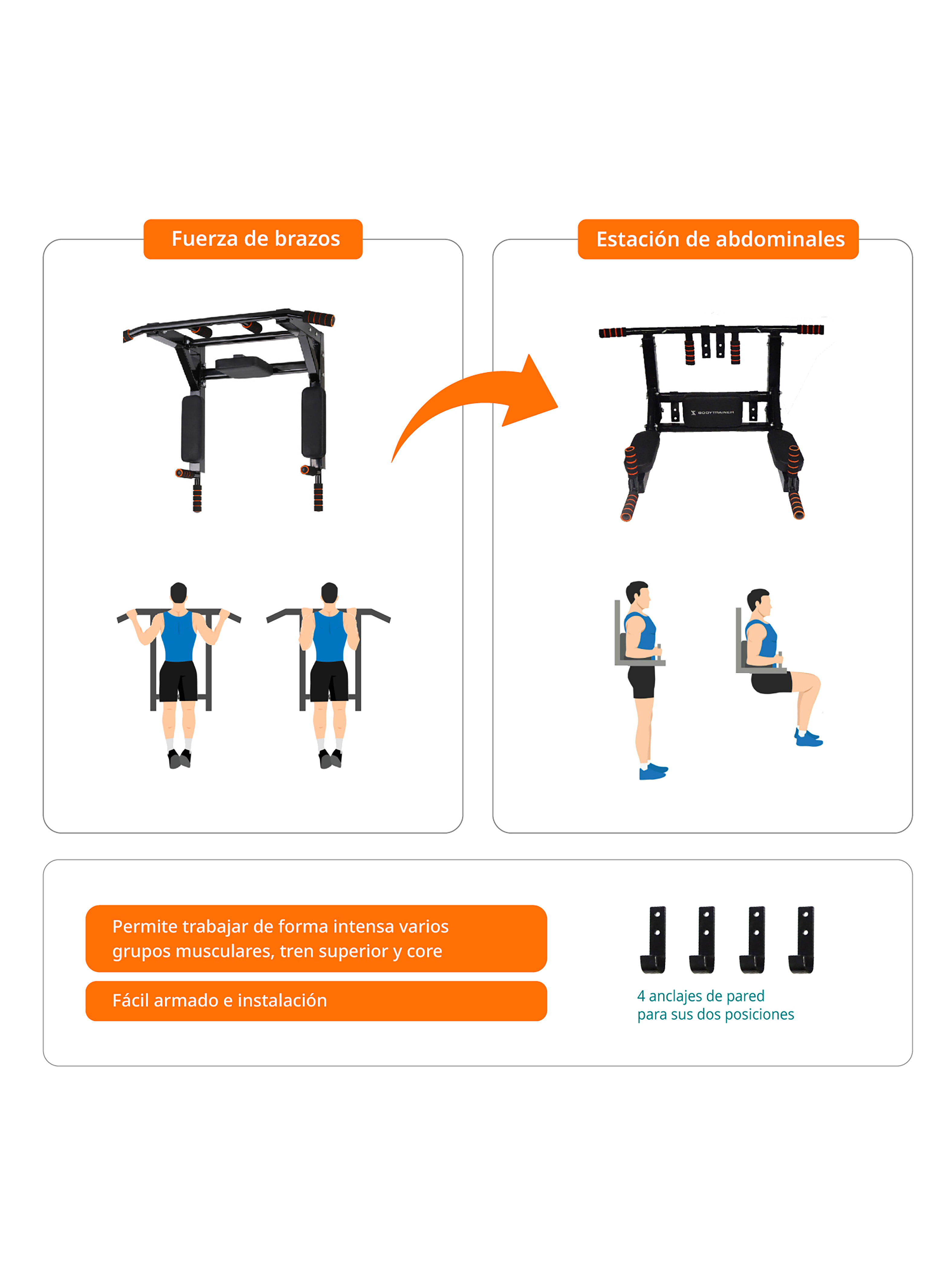 Barra de Dominadas Bodytrainer de Pared Multifunción-2