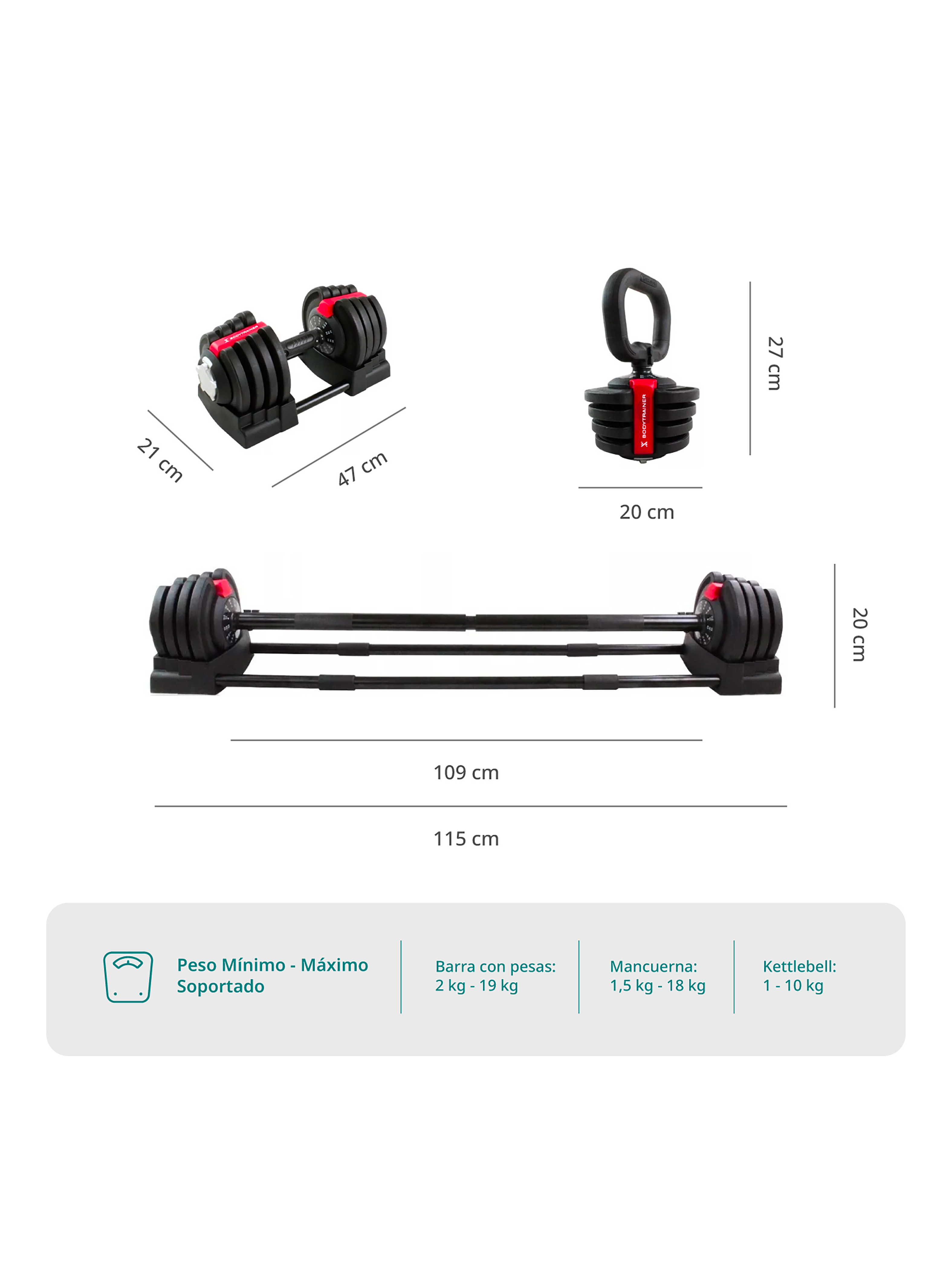Set 3 en 1 Bodytrainer Barra Mancuerna Kettlebell Ajustable-1