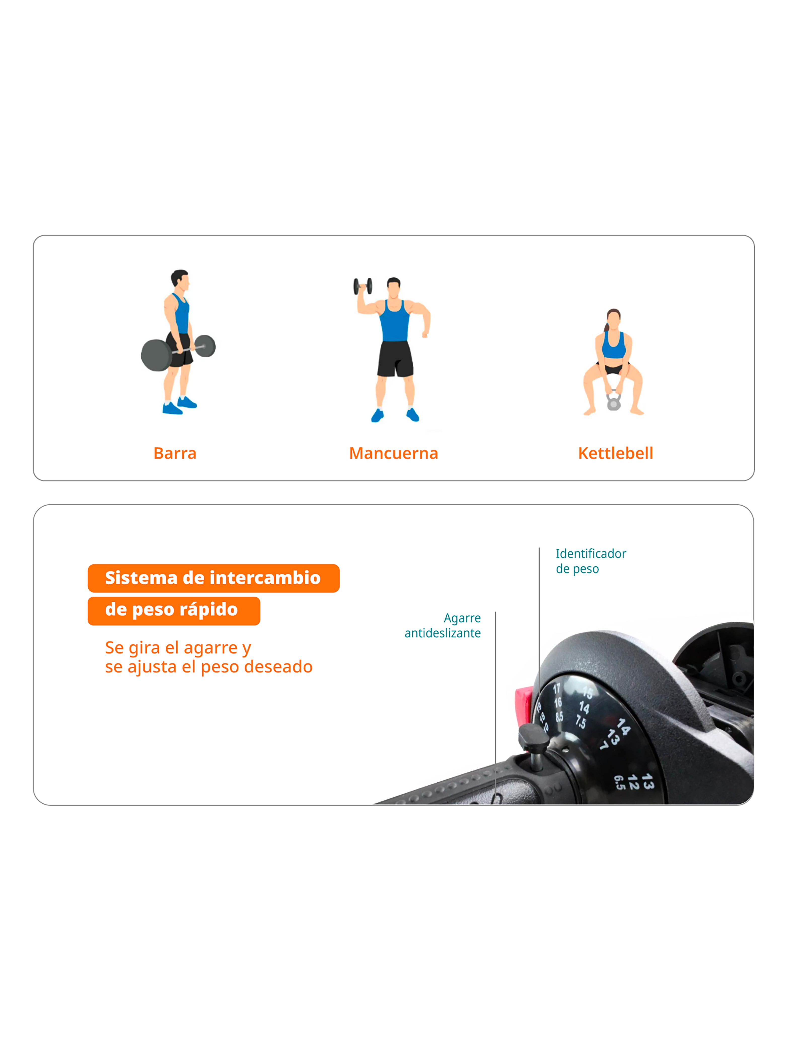 Set 3 en 1 Bodytrainer Barra Mancuerna Kettlebell Ajustable-2