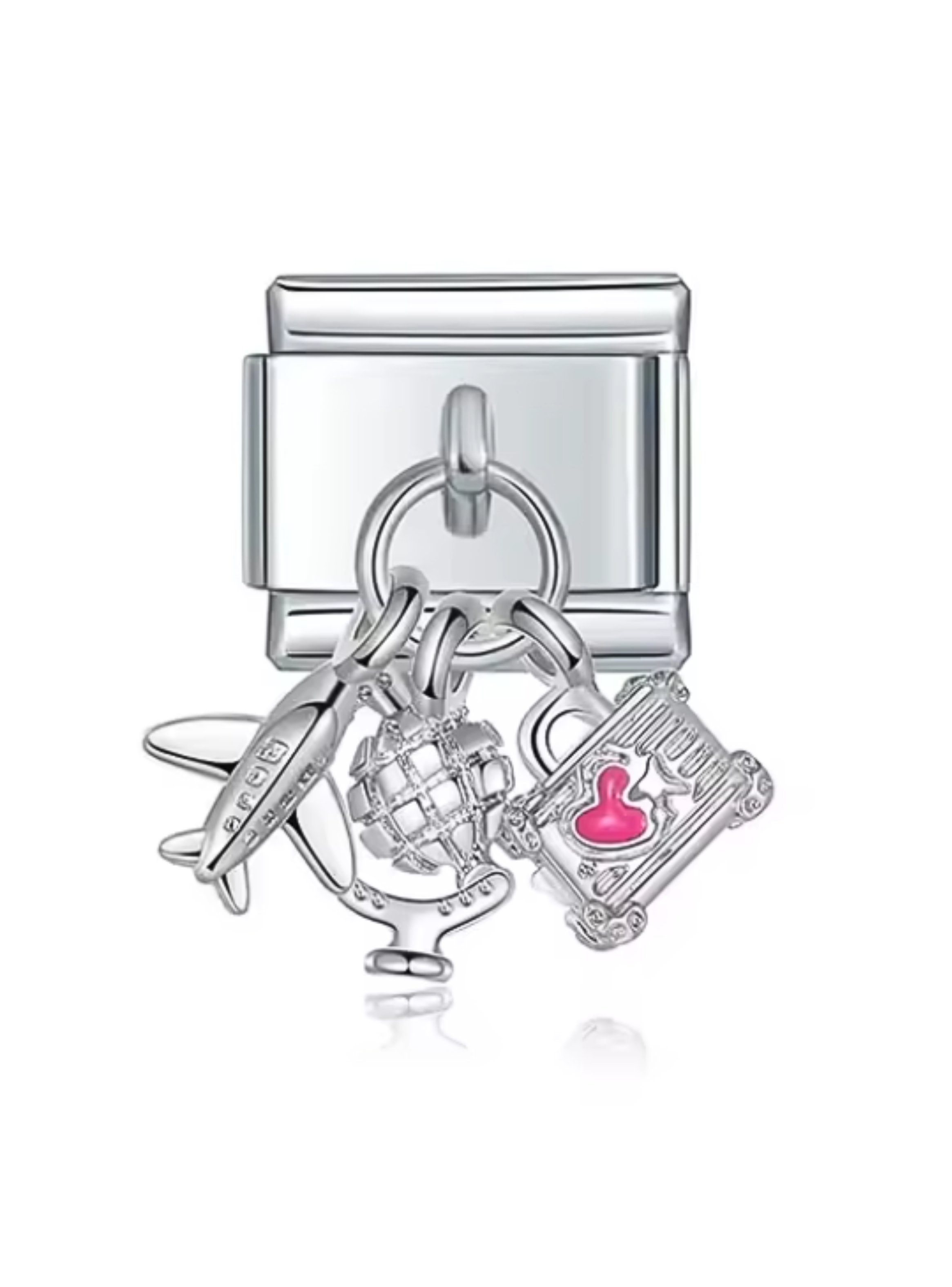 Charm de Viaje para Pulsera Italiana – Avión, Globo Terráqueo y Maleta – Acero Inoxidable Plata-2