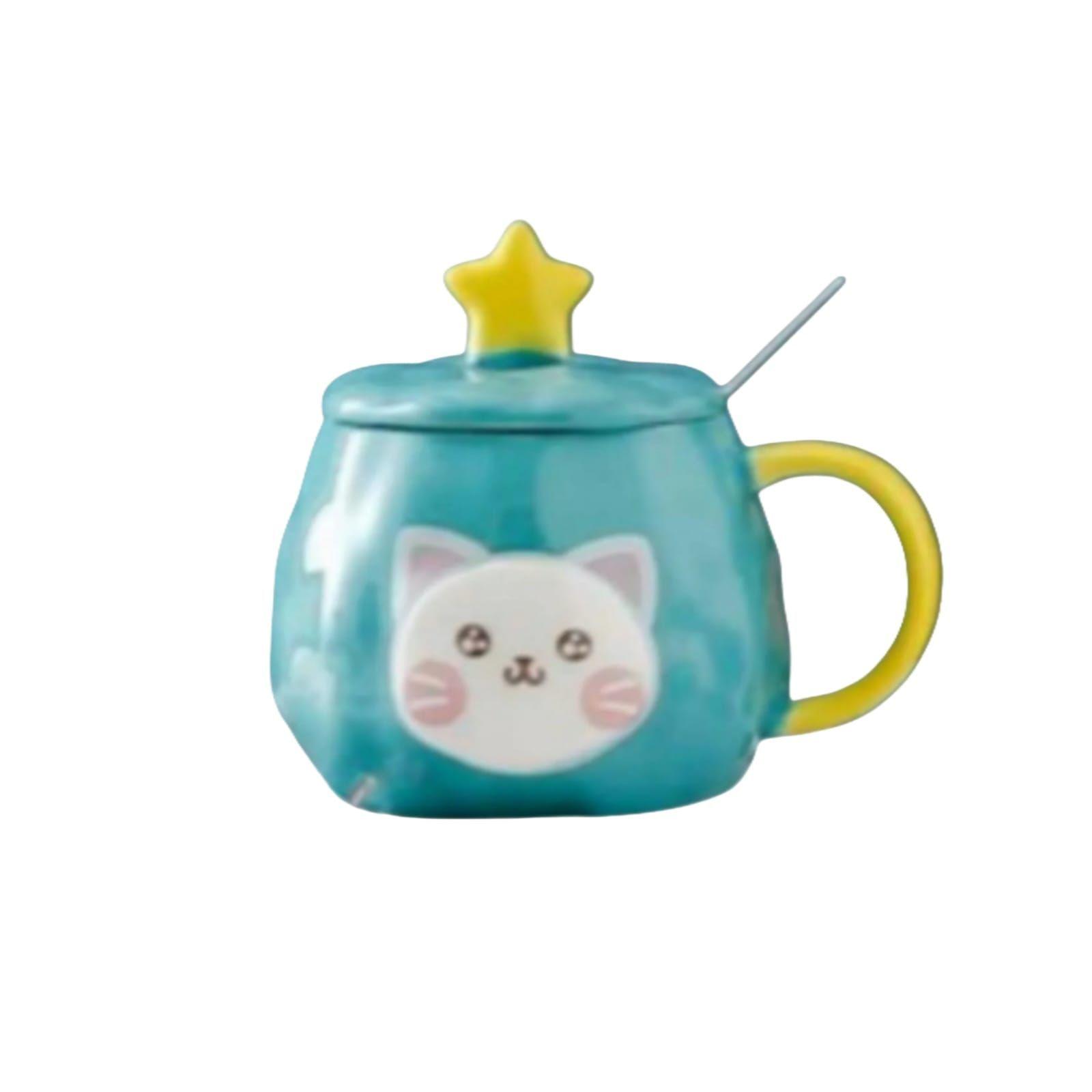 Taza Tazon Mug Gato Gatito Con Tapa y Cuchara Turquesa-0