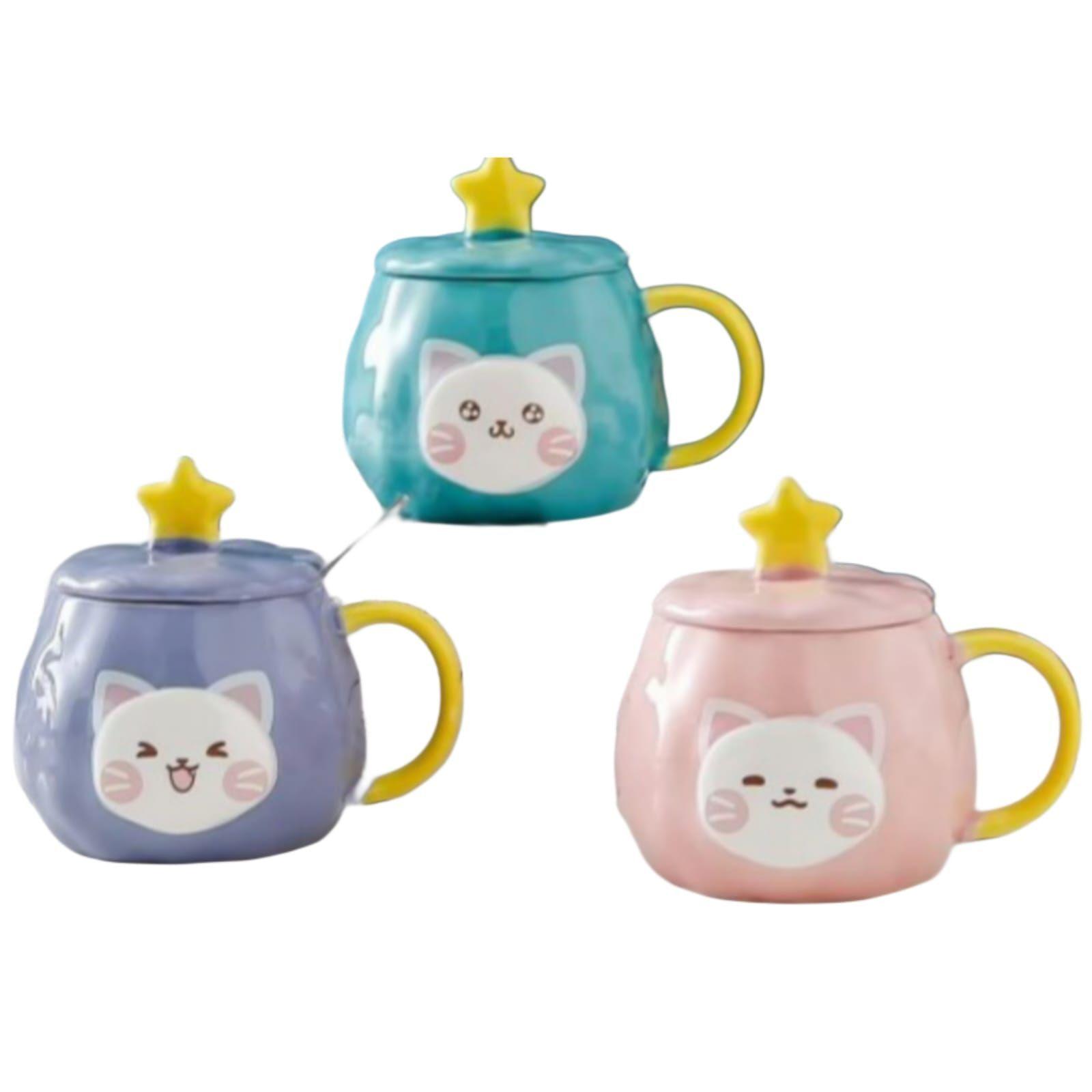 Taza Tazon Mug Gato Gatito Con Tapa y Cuchara Turquesa-1