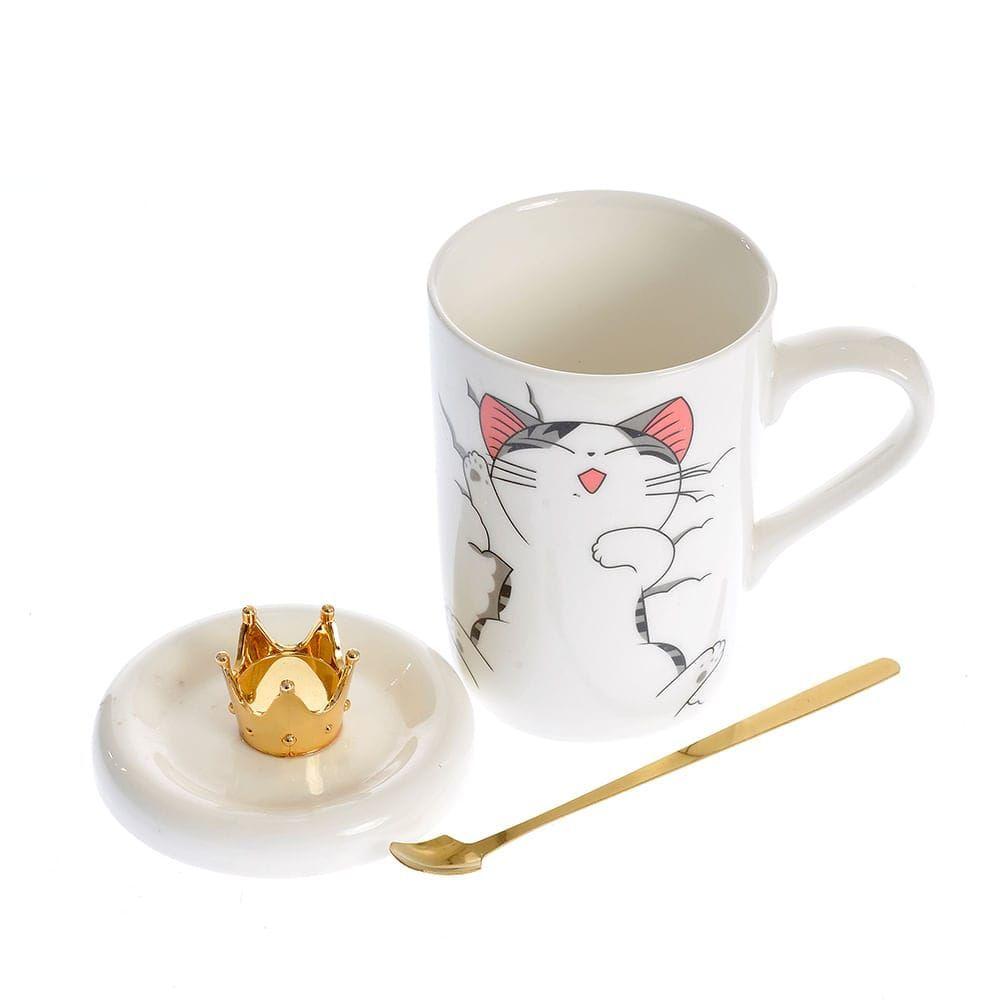 Taza Tazon Mug Gata Shi Con Tapa Corona Cuchara-0