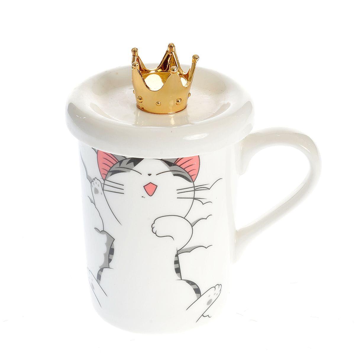 Taza Tazon Mug Gata Shi Con Tapa Corona Cuchara-1