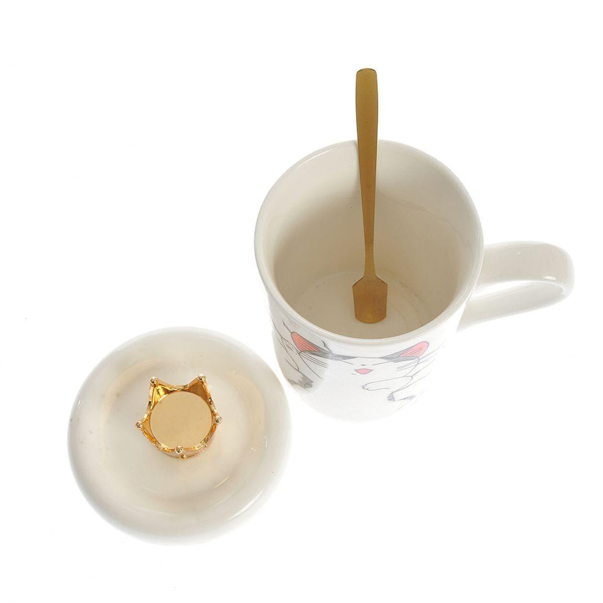 Taza Tazon Mug Gata Shi Con Tapa Corona Cuchara-2
