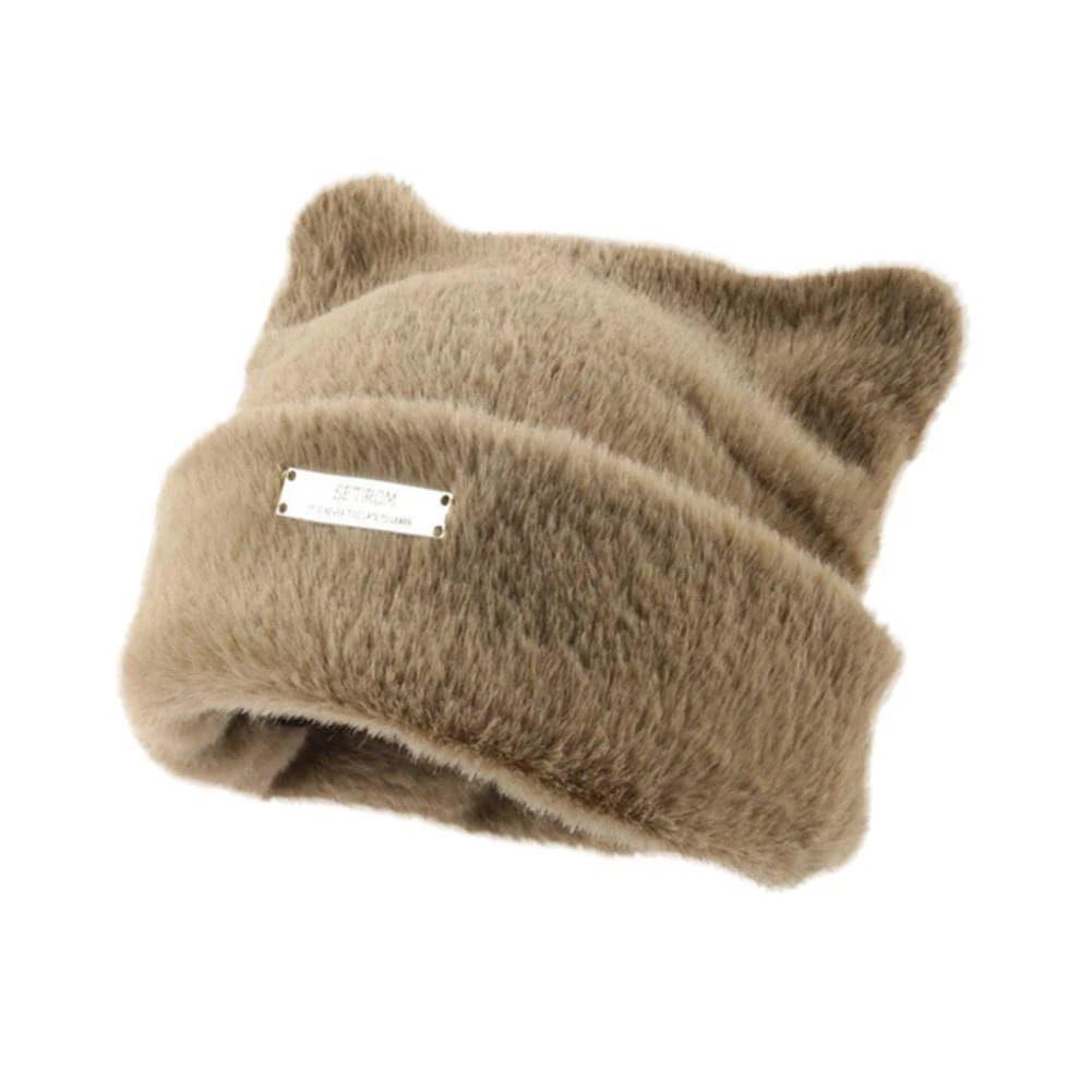 Gorro Beanie de Peluche con Orejitas de Gato Gorro Mujer Estilo Kawaii-0