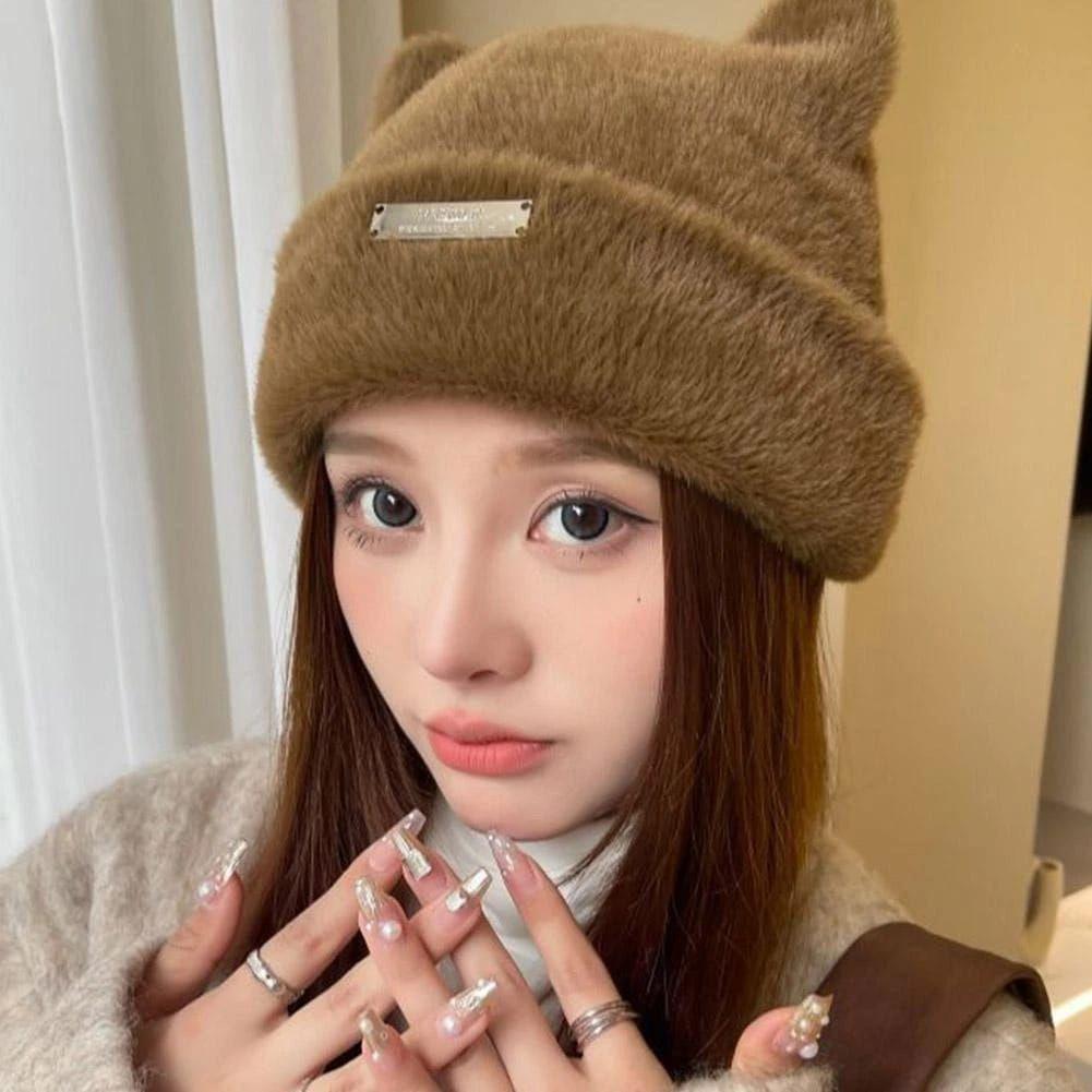 Gorro Beanie de Peluche con Orejitas de Gato Gorro Mujer Estilo Kawaii-1