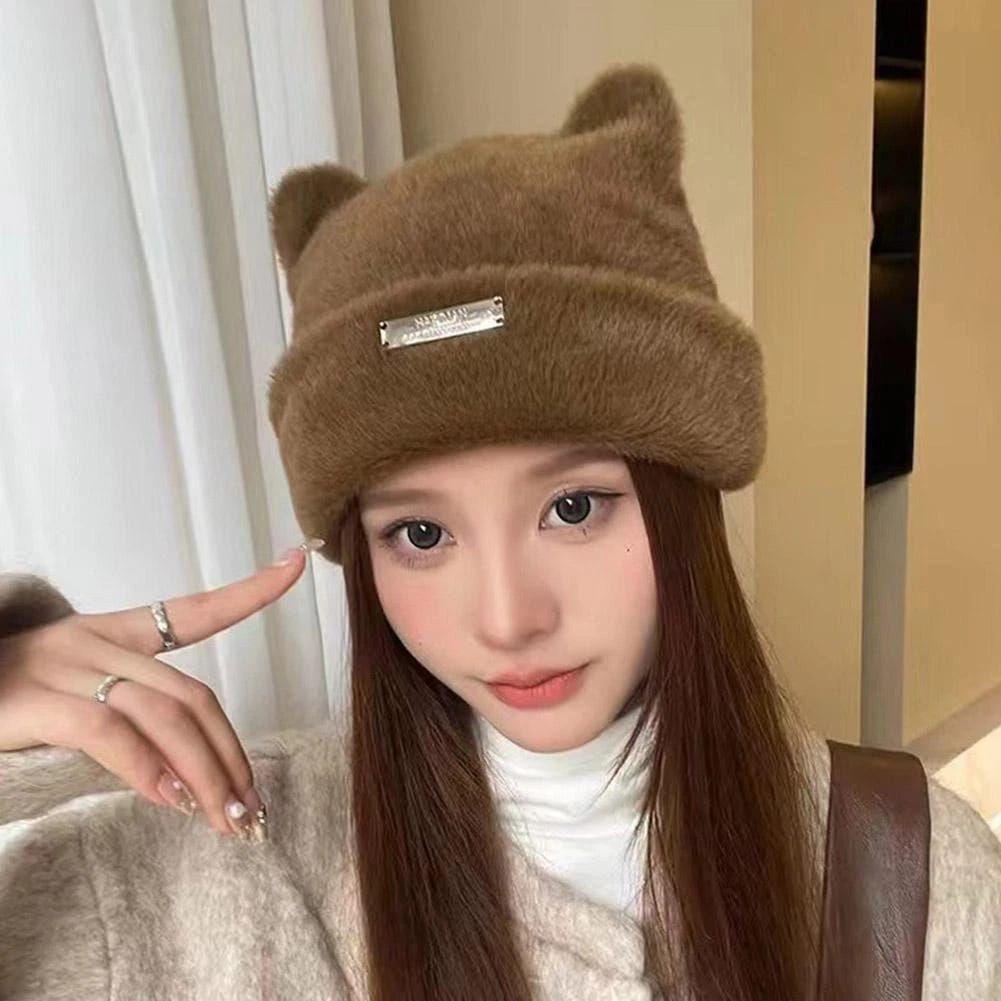 Gorro Beanie de Peluche con Orejitas de Gato Gorro Mujer Estilo Kawaii-2